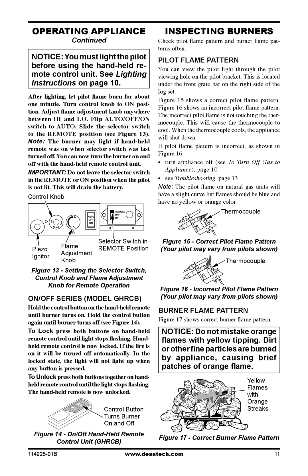 Desa MPF24VNA installation manual Inspecting Burners, Pilot Flame Pattern, ON/OFF Series Model Ghrcb 