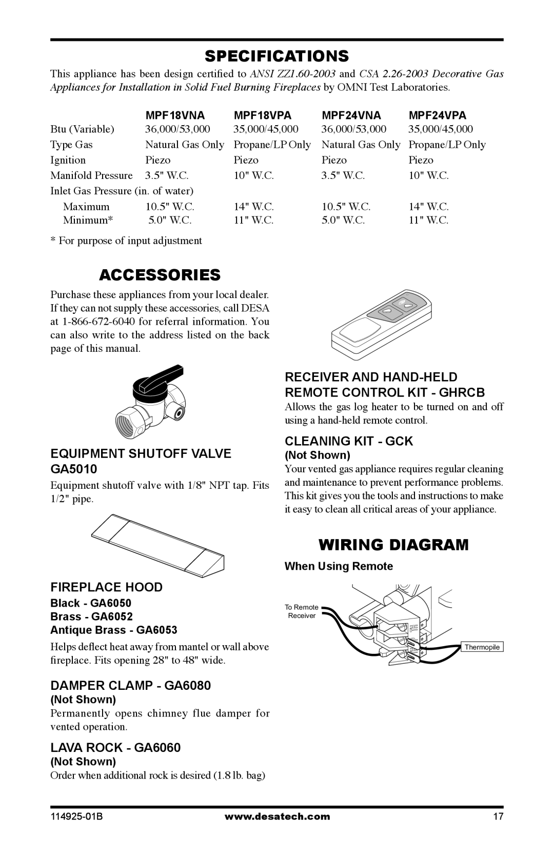 Desa MPF24VNA installation manual Specifications, Accessories, Wiring Diagram 