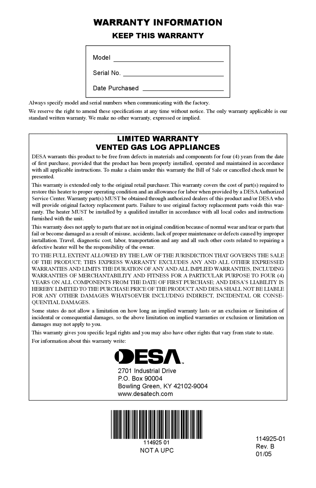 Desa MPF24VNA installation manual Warranty Information, Keep this Warranty, Limited Warranty Vented GAS LOG Appliances 