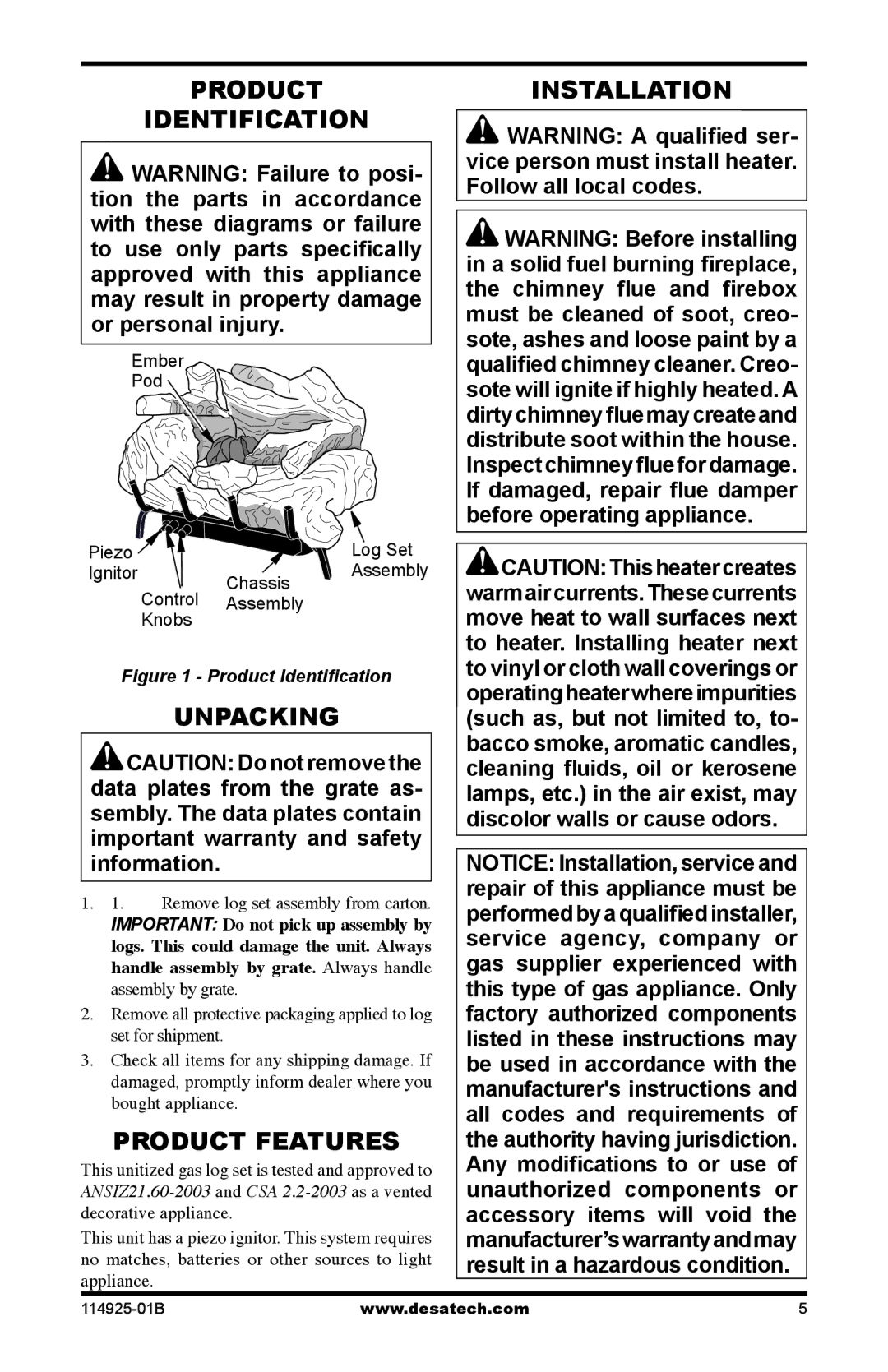 Desa MPF24VNA installation manual Product Identification, Product Features, Installation 