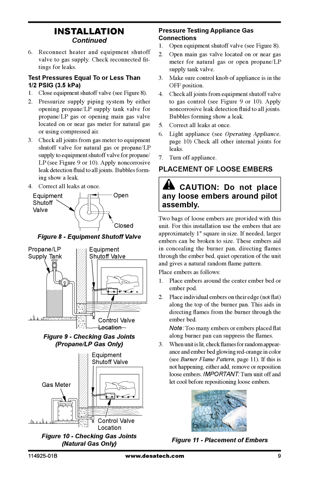 Desa MPF24VNA installation manual Placement of Loose Embers, Test Pressures Equal To or Less Than 1/2 Psig 3.5 kPa 