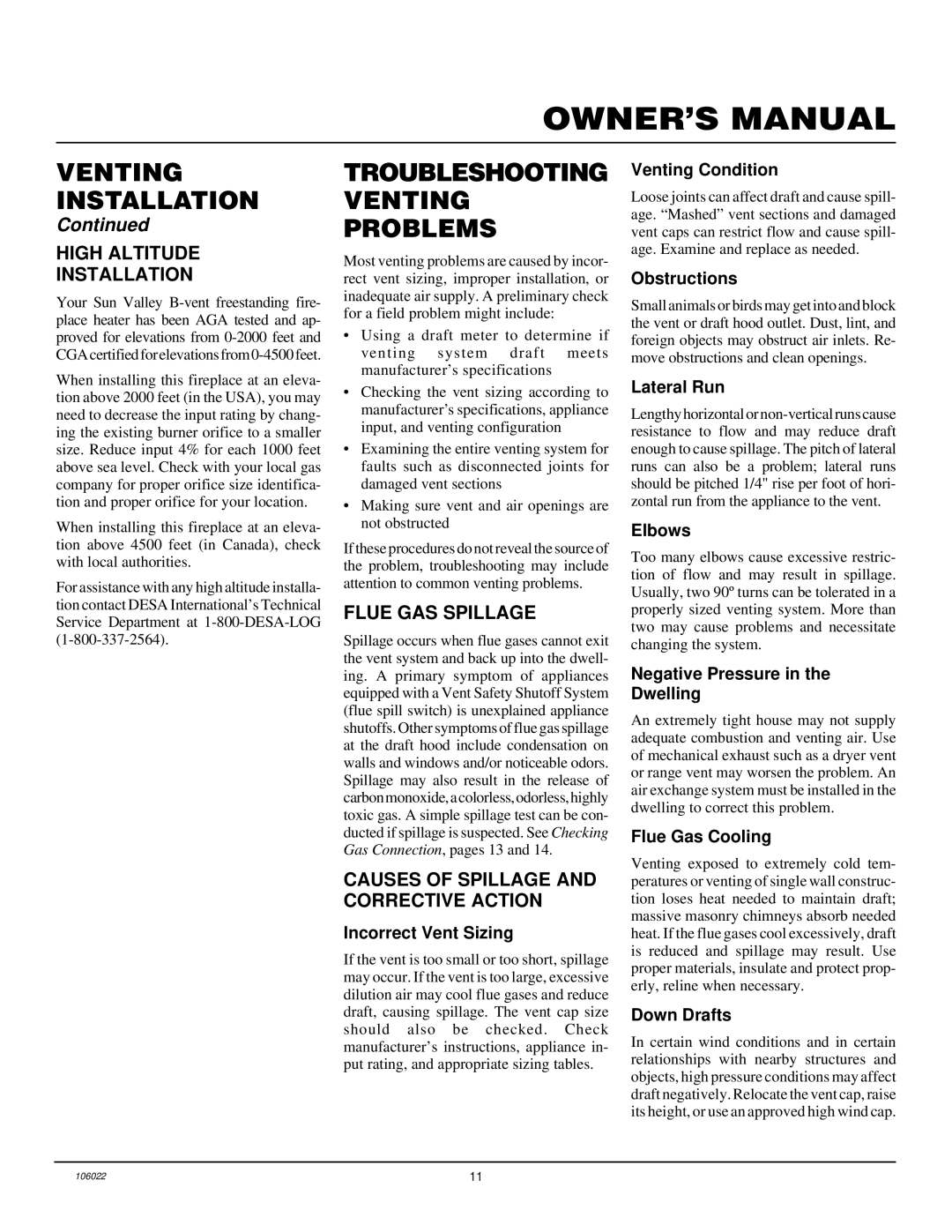 Desa MSBVBN, MSBVBP installation manual Troubleshooting Venting Problems, High Altitude Installation, Flue GAS Spillage 