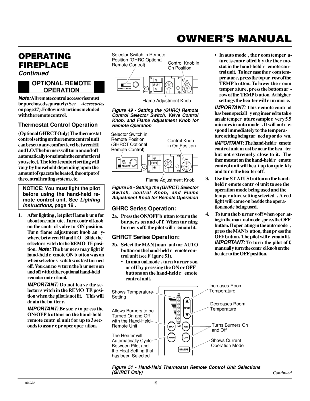 Desa MSBVBN, MSBVBP Optional Remote Operation, Thermostat Control Operation, Ghrc Series Operation, Ghrct Series Operation 