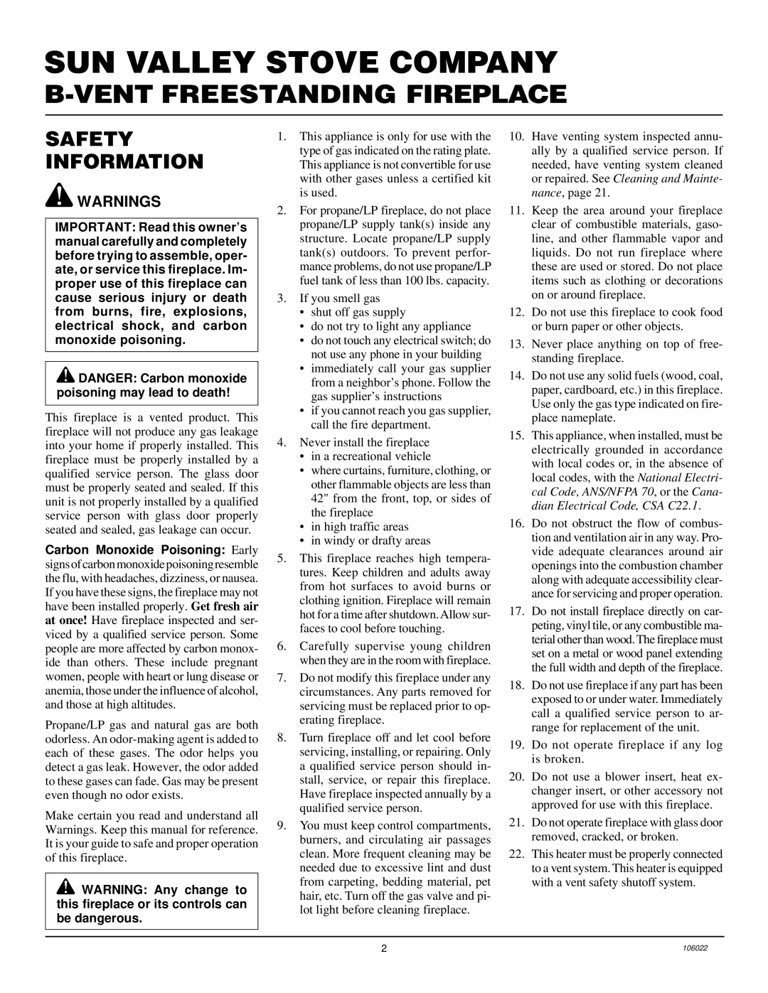 Desa MSBVBP, MSBVBN installation manual SUN Valley Stove Company, Safety Information 