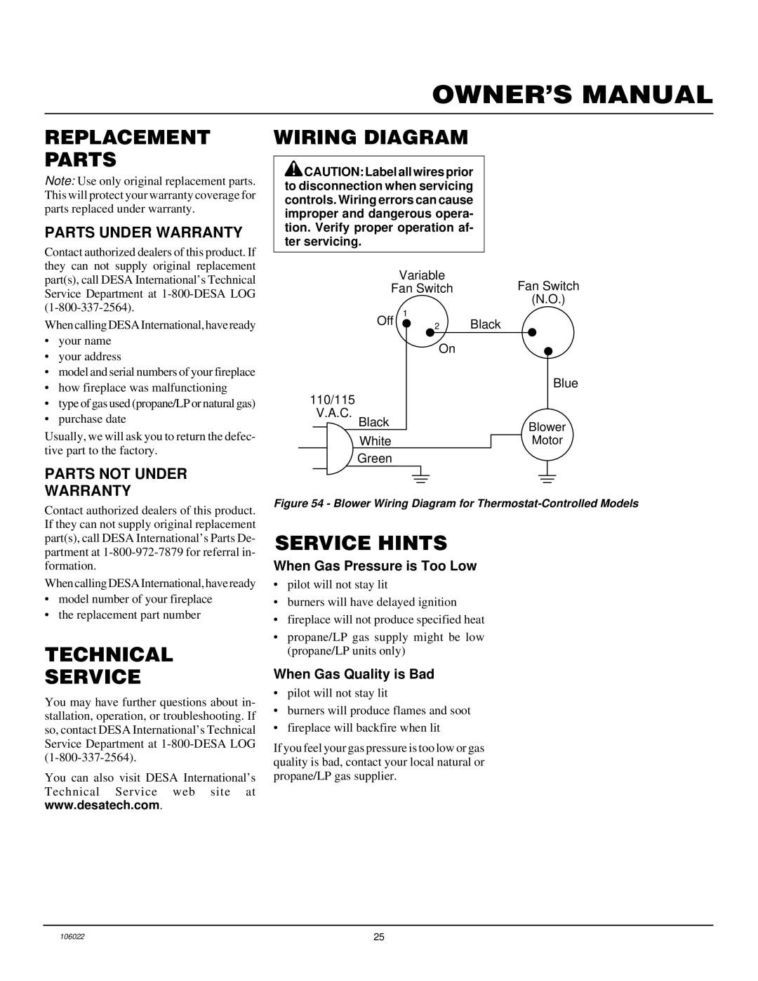 Desa MSBVBN, MSBVBP installation manual Replacement Parts, Technical Service, Wiring Diagram, Service Hints 