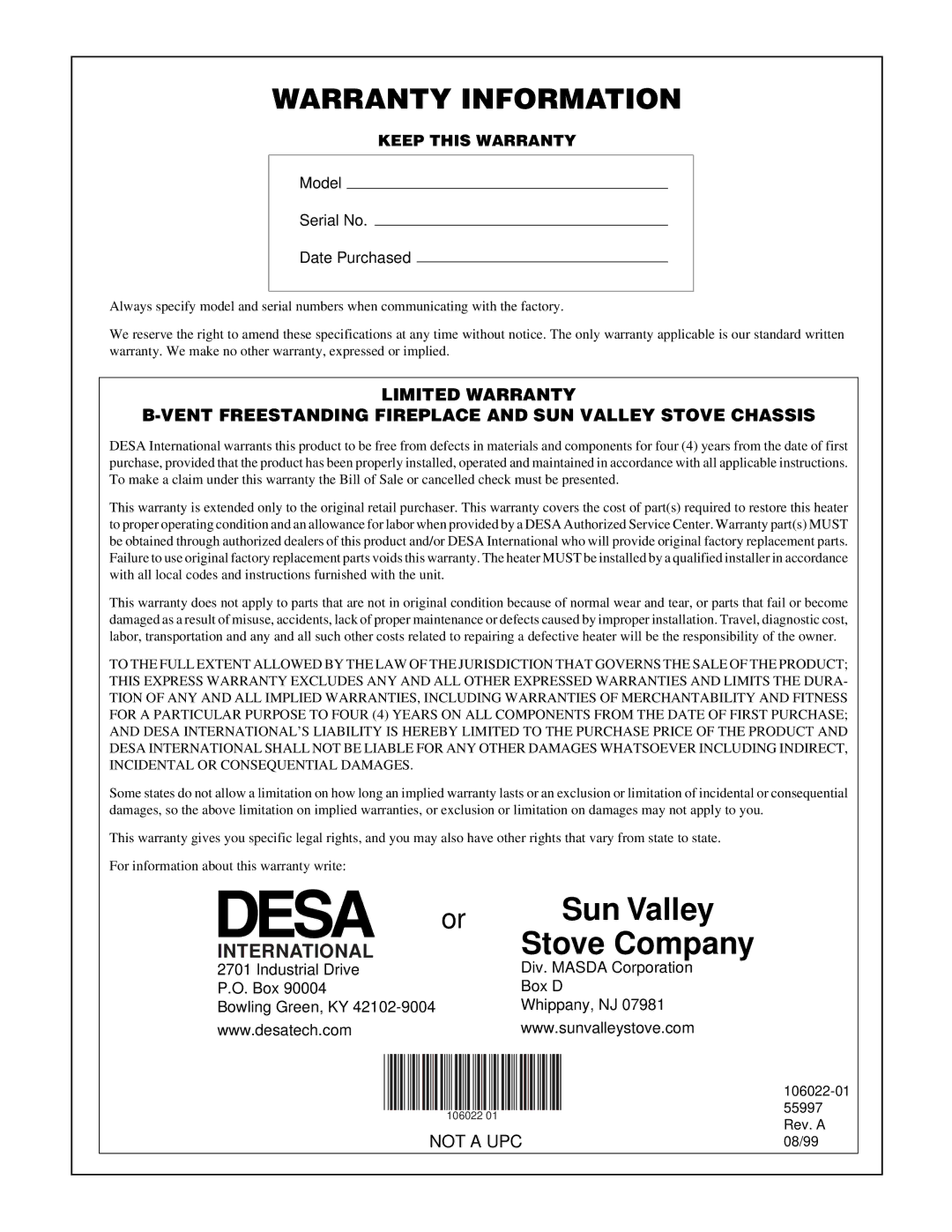 Desa MSBVBP, MSBVBN installation manual Warranty Information, International 