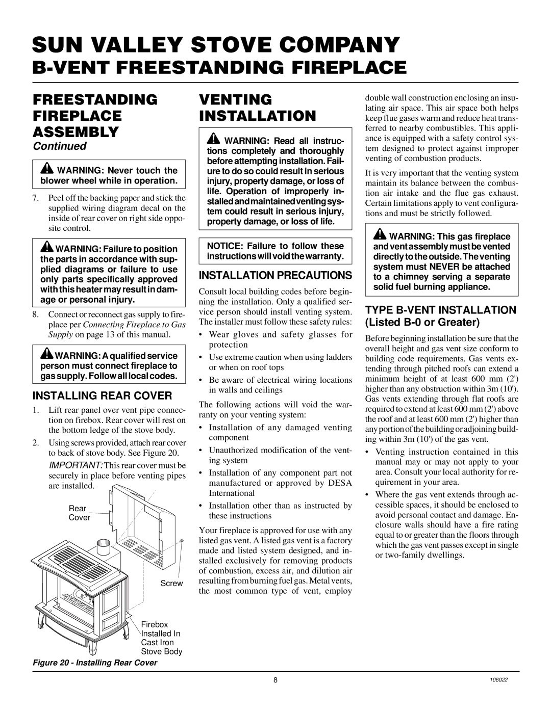 Desa MSBVBP, MSBVBN installation manual Venting Installation, Installing Rear Cover, Installation Precautions 