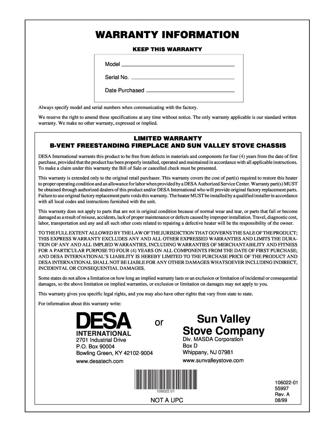 Desa MSBVBP Sun Valley, Stove Company, Warranty Information, International, Limited Warranty, Not A Upc, Industrial Drive 