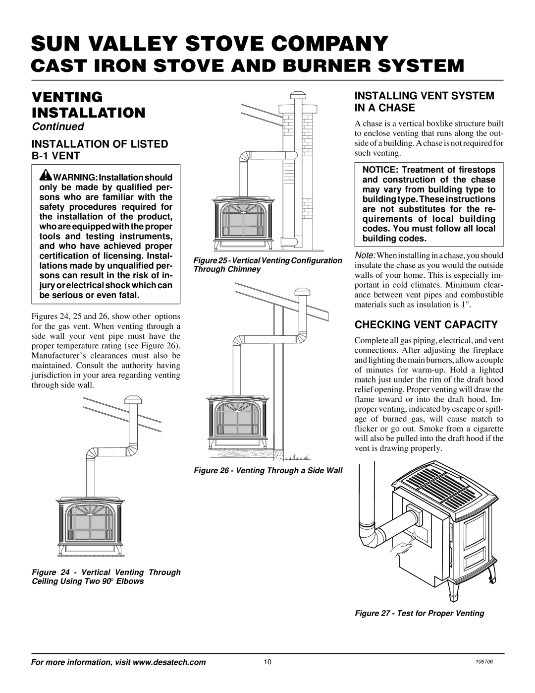 Desa MSRBVN, MSRBVP Installation of Listed B-1 Vent, Installing Vent System in a Chase, Checking Vent Capacity 