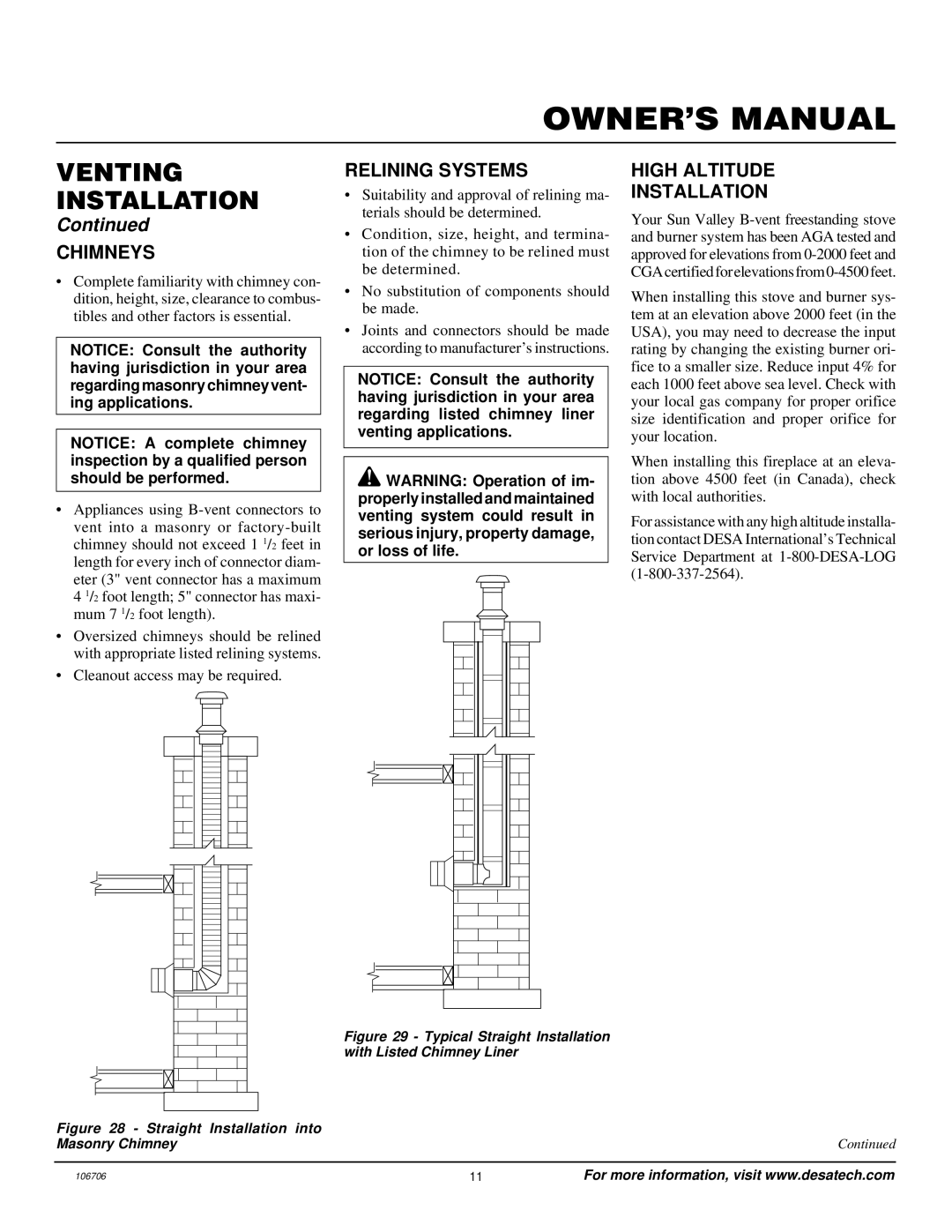 Desa MSRBVP, MSRBVN installation manual Chimneys, Relining Systems, High Altitude Installation 