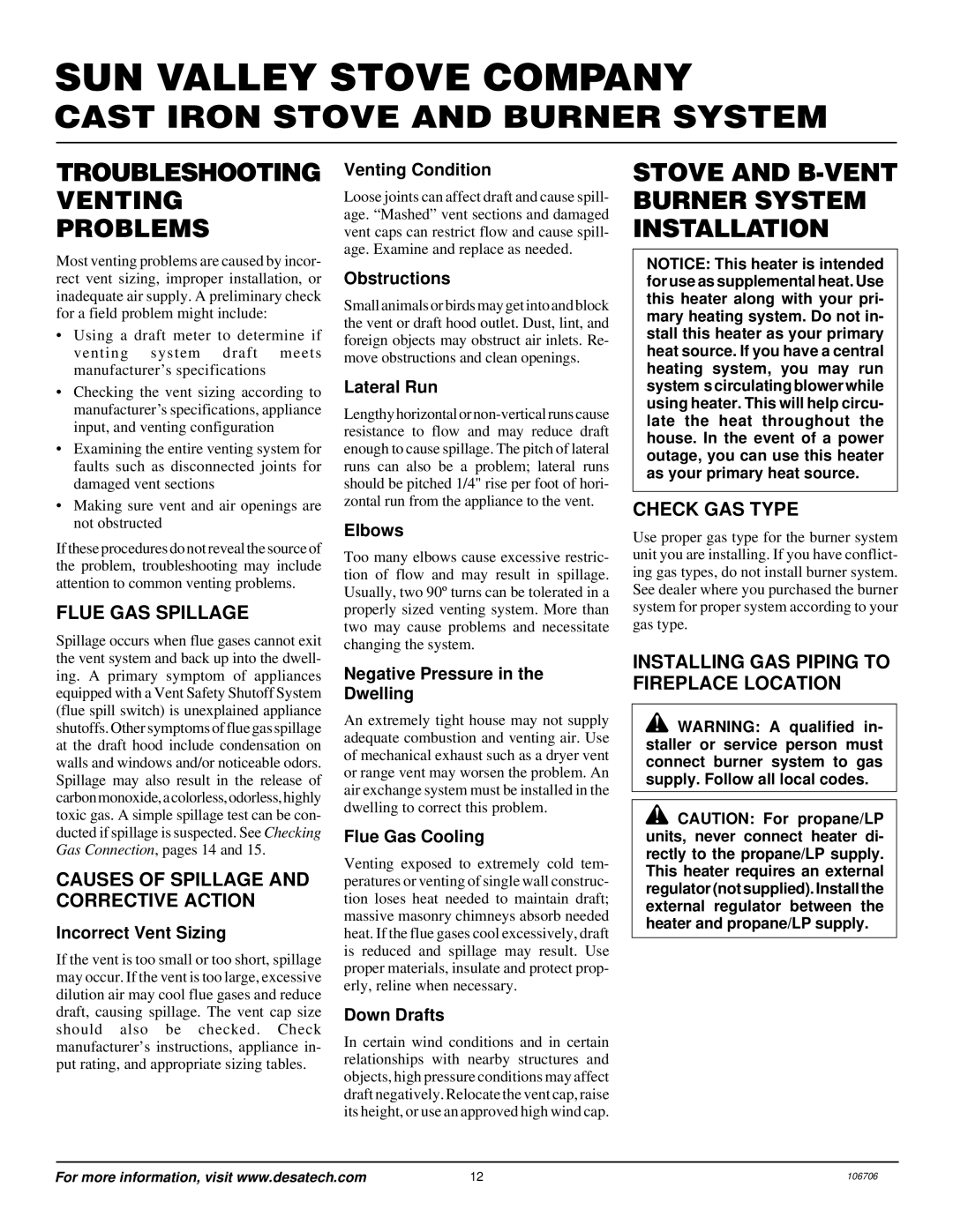 Desa MSRBVN, MSRBVP installation manual Troubleshooting Venting Problems, Stove and B-VENT Burner System Installation 