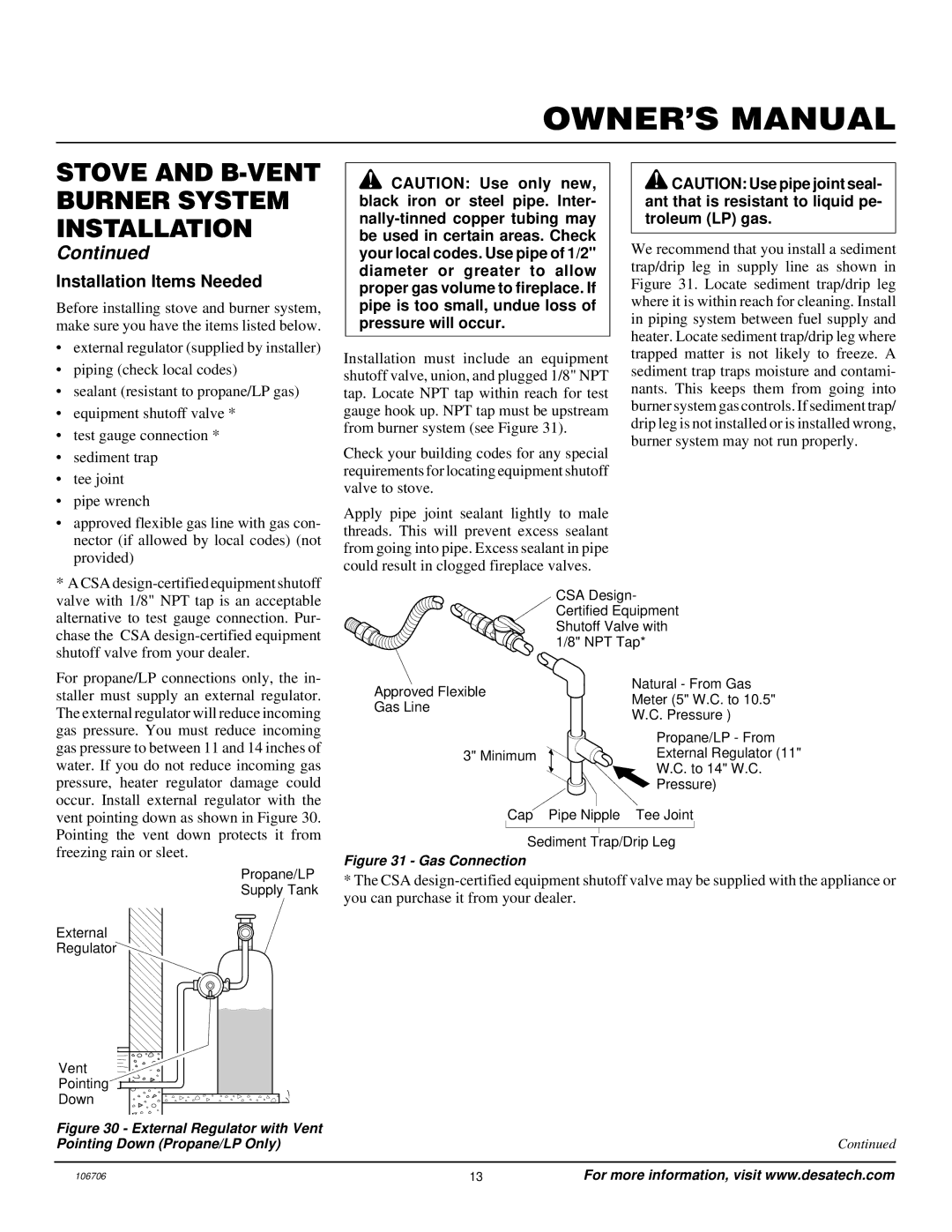 Desa MSRBVP, MSRBVN Installation Items Needed, External Regulator with Vent Pointing Down Propane/LP Only 