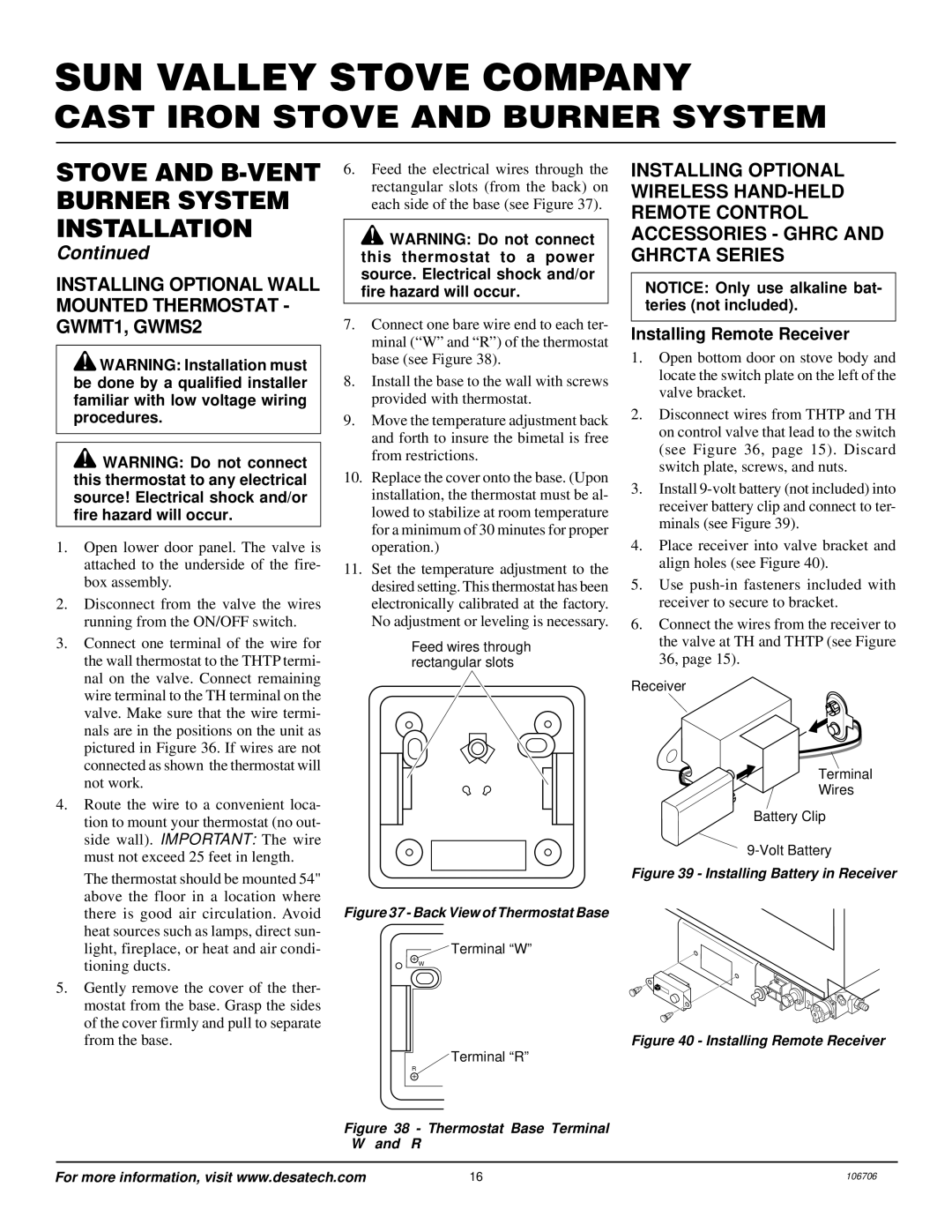 Desa MSRBVN, MSRBVP installation manual Installing Optional Wall Mounted Thermostat GWMT1, GWMS2, Installing Remote Receiver 