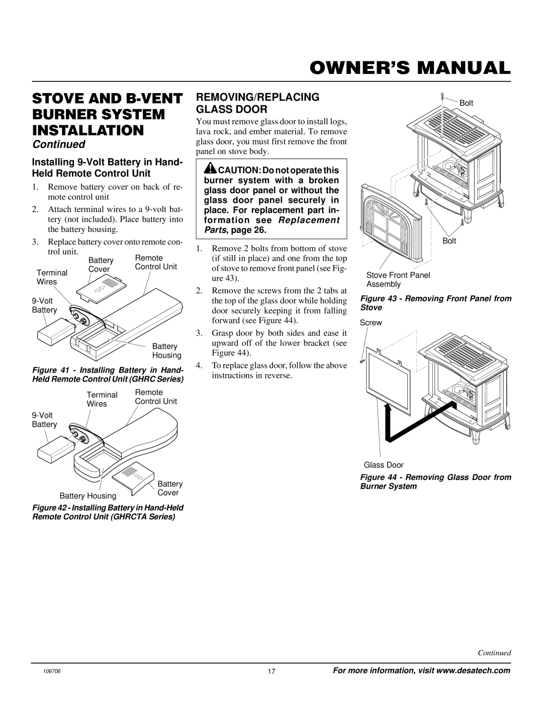 Desa MSRBVP, MSRBVN REMOVING/REPLACING Glass Door, Installing 9-Volt Battery in Hand- Held Remote Control Unit 