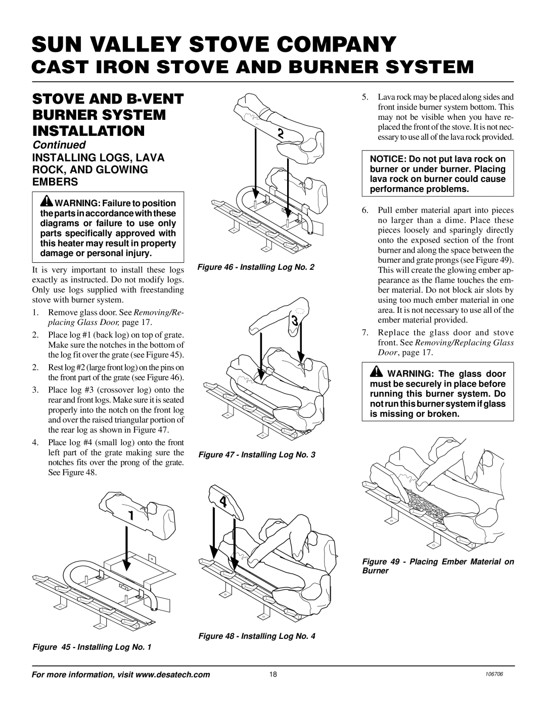 Desa MSRBVN, MSRBVP installation manual Installing LOGS, Lava ROCK, and Glowing Embers, Installing Log No 