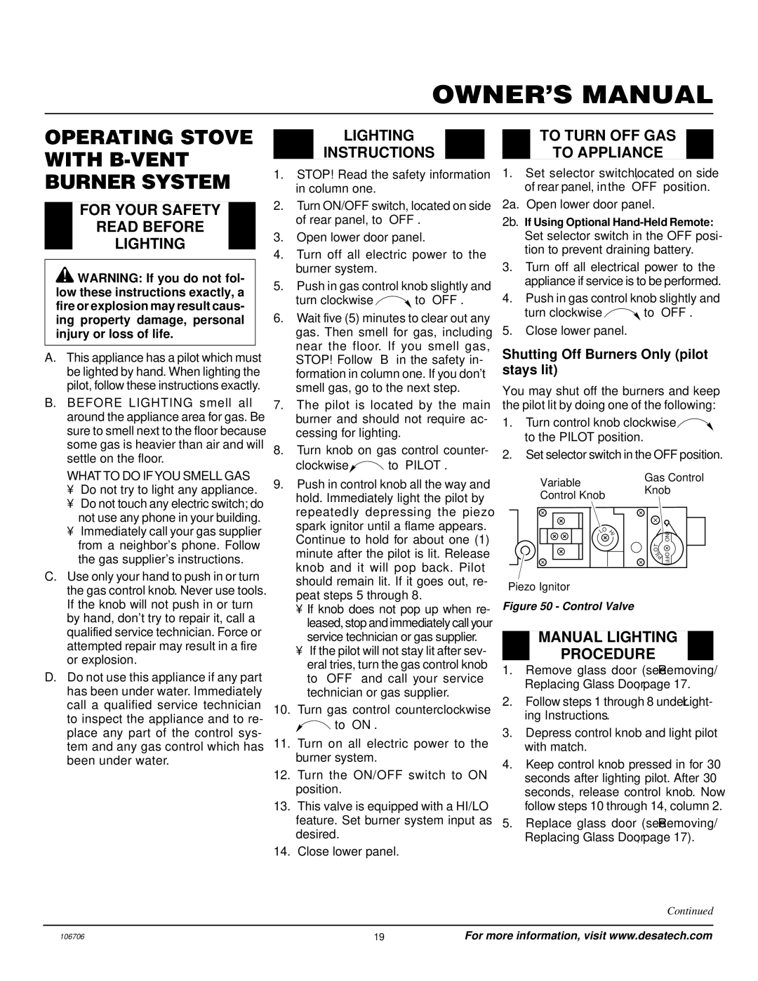 Desa MSRBVP, MSRBVN Operating Stove with B-VENT Burner System, For Your Safety Read Before Lighting, Lighting Instructions 