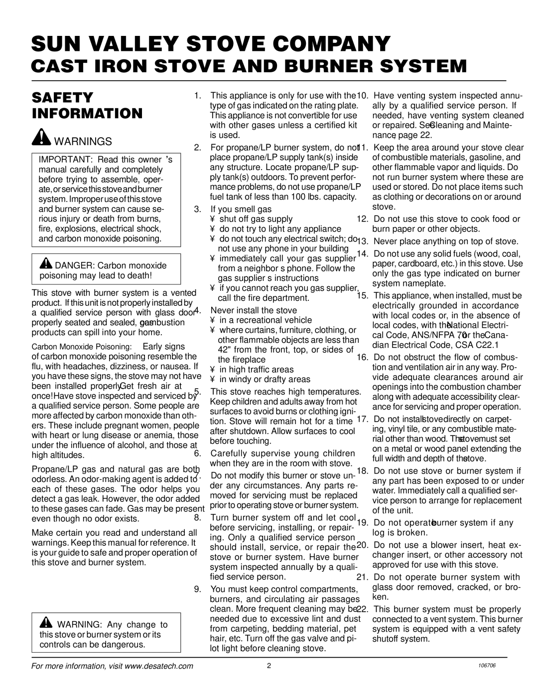 Desa MSRBVN, MSRBVP installation manual SUN Valley Stove Company, Safety Information 