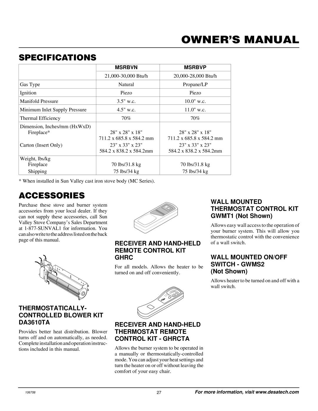 Desa MSRBVP, MSRBVN installation manual Specifications, Accessories 