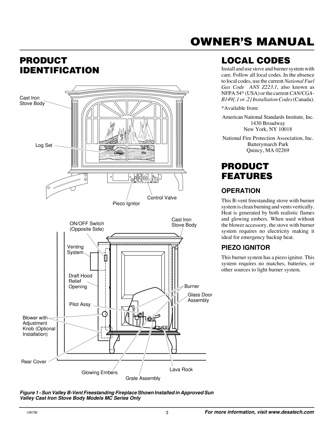 Desa MSRBVP, MSRBVN installation manual Product Identification, Local Codes, Product Features, Operation, Piezo Ignitor 