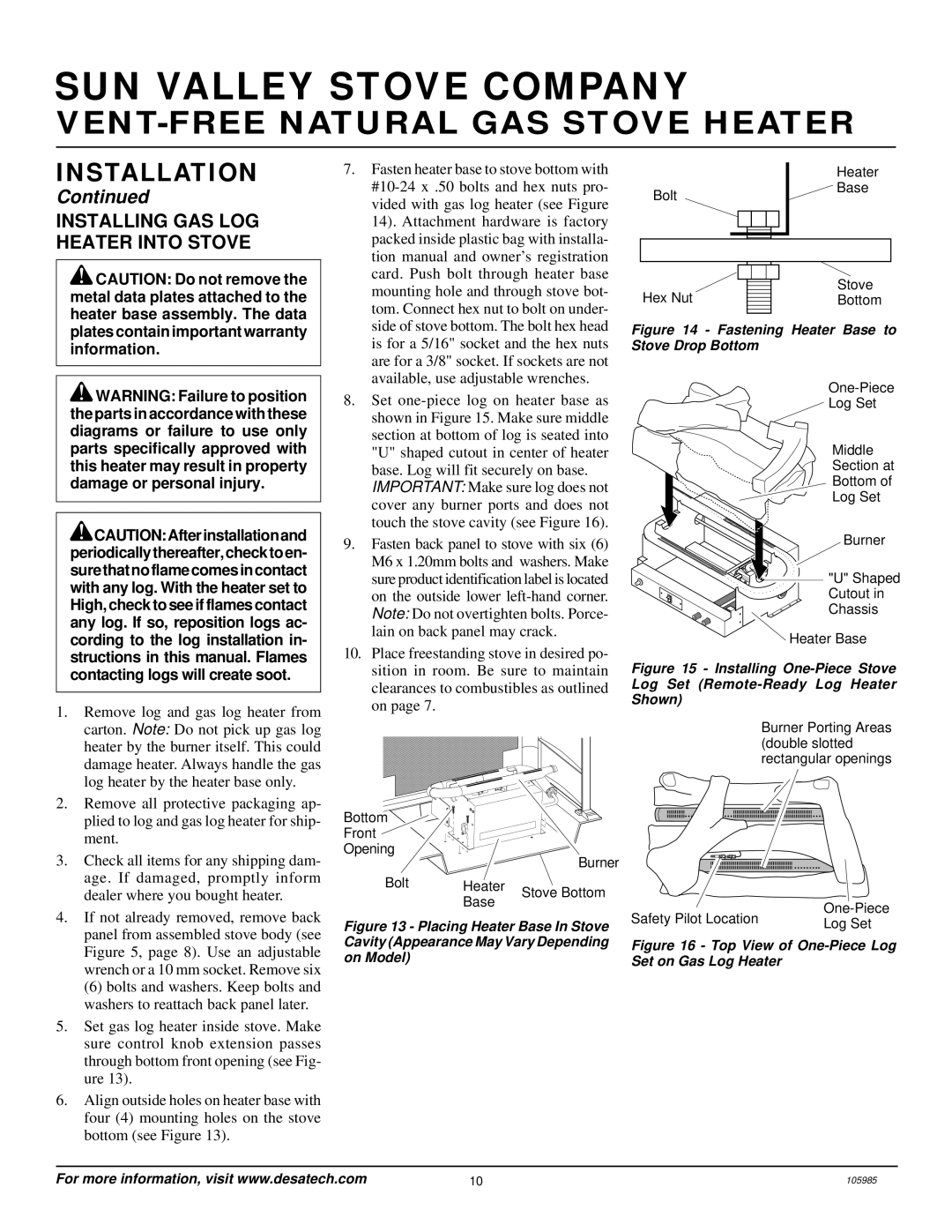 Desa MSVFBNR Series installation manual Installing GAS LOG Heater Into Stove, Fastening Heater Base to Stove Drop Bottom 