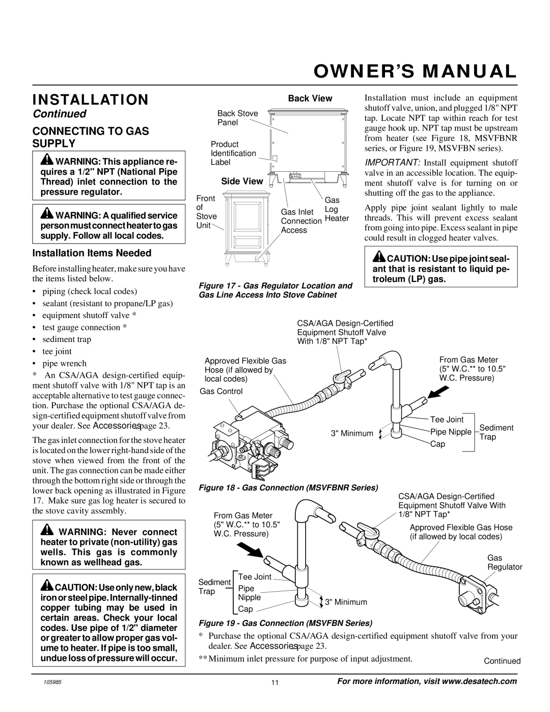 Desa MSVFBNR Series installation manual Connecting to GAS Supply, Installation Items Needed 