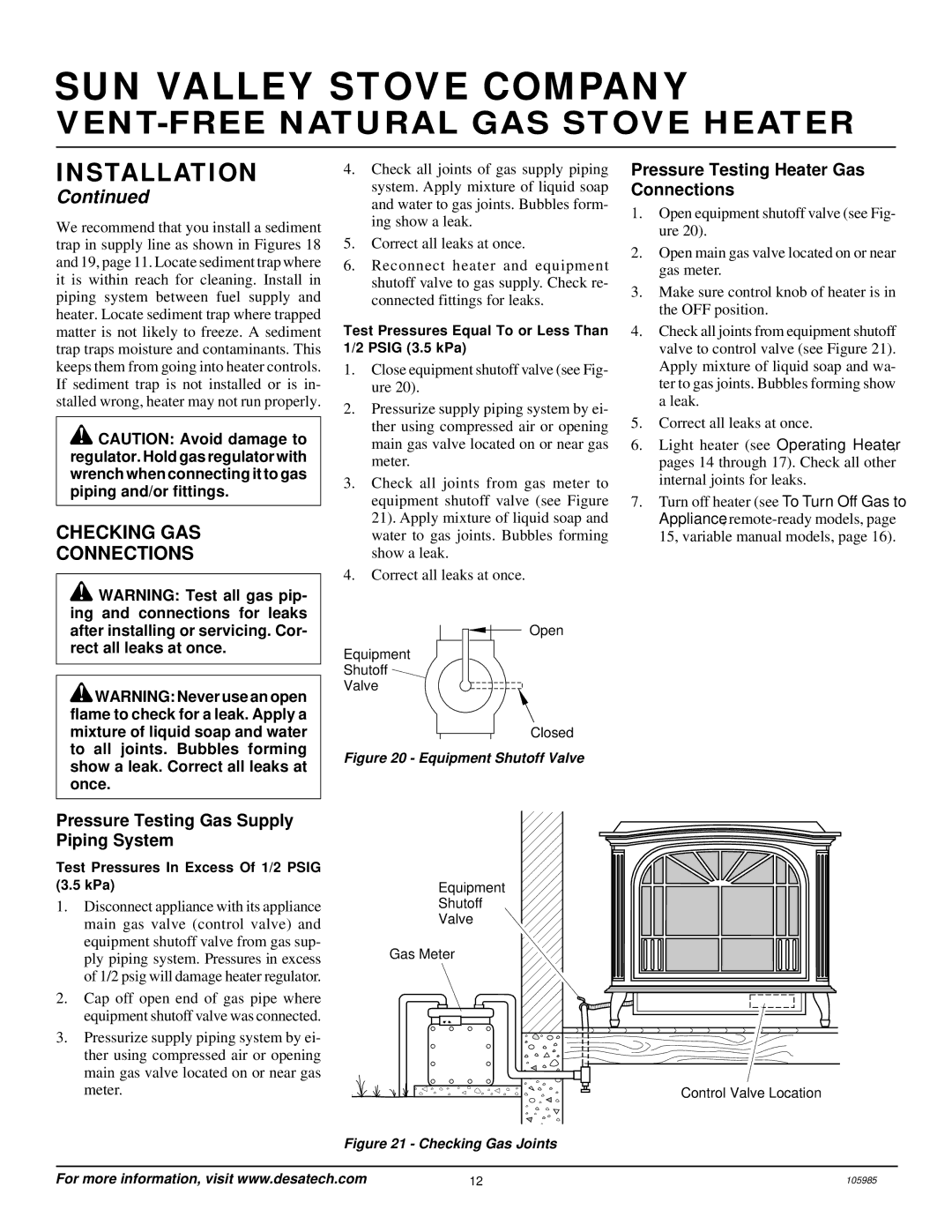 Desa MSVFBNR Series installation manual Checking GAS Connections, Pressure Testing Heater Gas Connections 