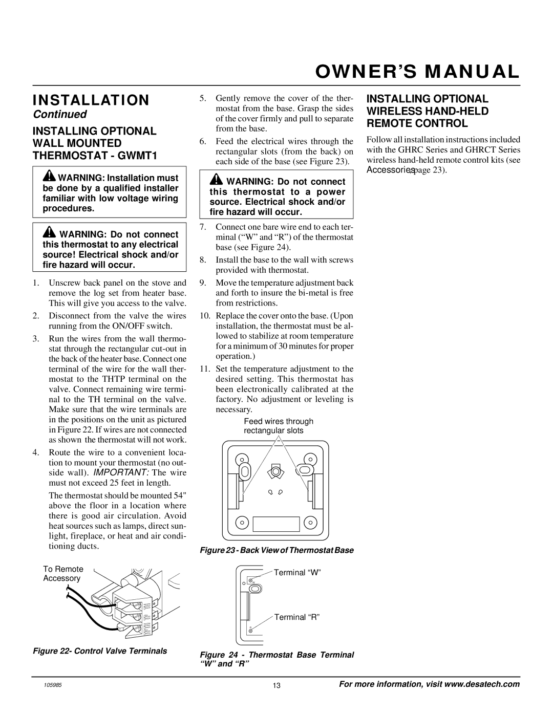 Desa MSVFBNR Series installation manual Installing Optional Wall Mounted Thermostat GWMT1 