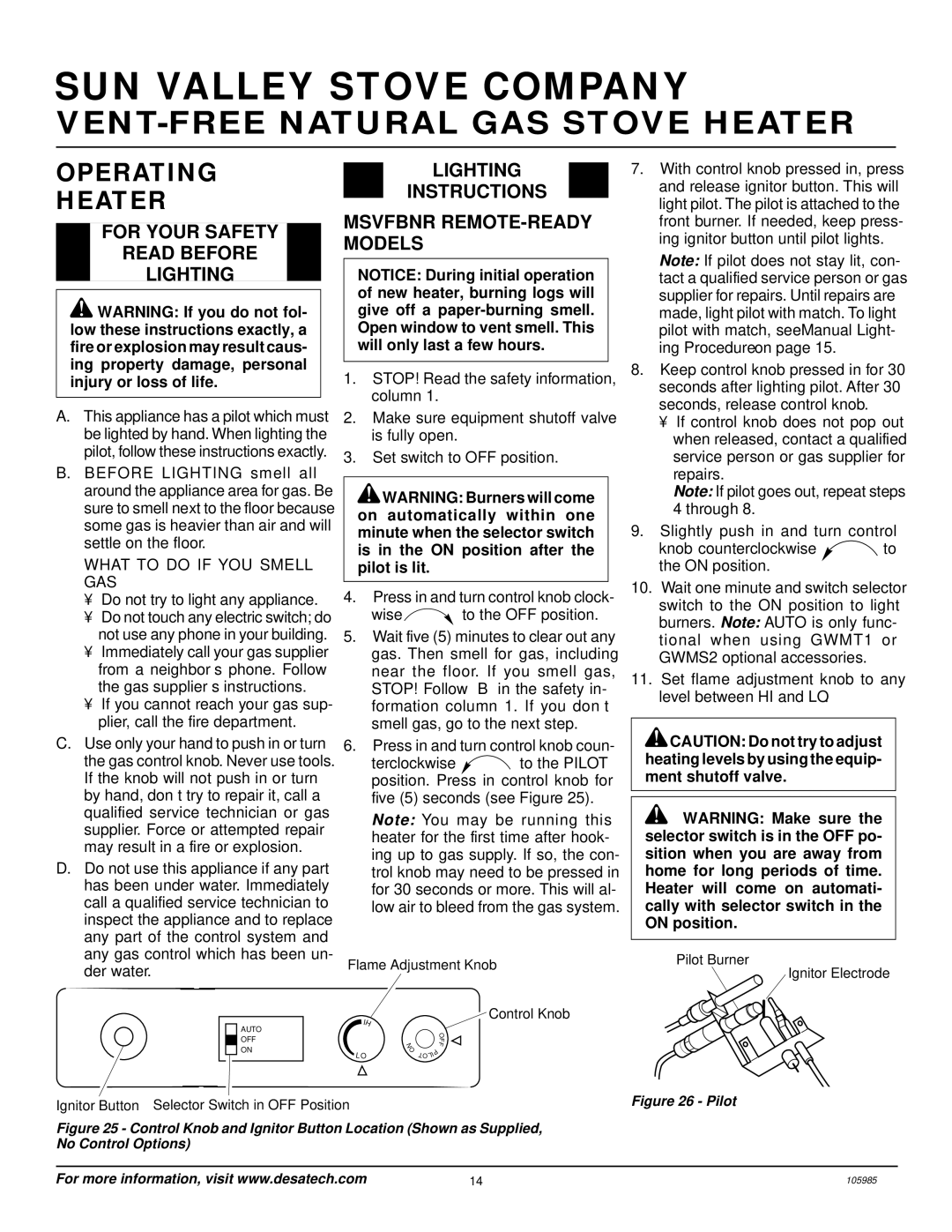 Desa MSVFBNR Series installation manual Operating Heater, For Your Safety Read Before Lighting 