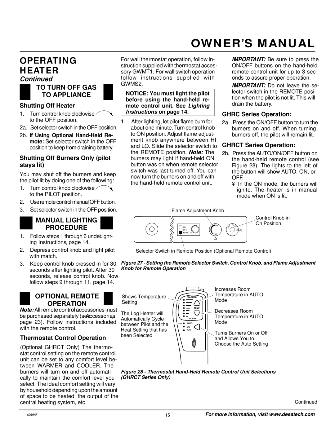 Desa MSVFBNR Series installation manual To Turn OFF GAS To Appliance, Manual Lighting Procedure, Optional Remote Operation 