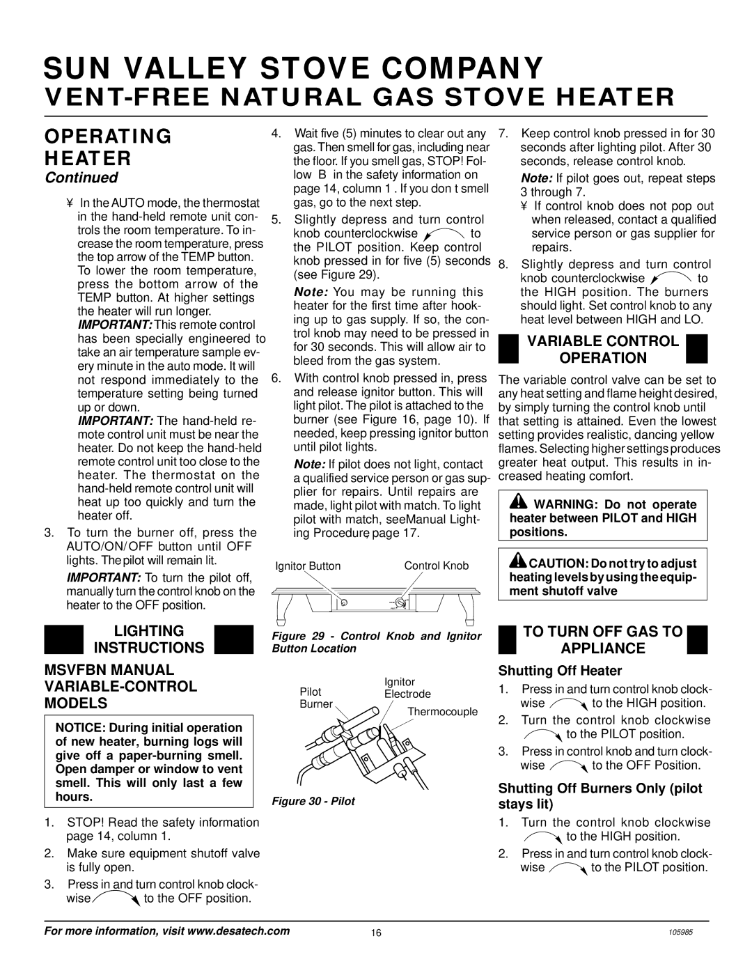 Desa MSVFBNR Series Lighting Instructions Msvfbn Manual VARIABLE-CONTROL Models, Variable Control Operation 