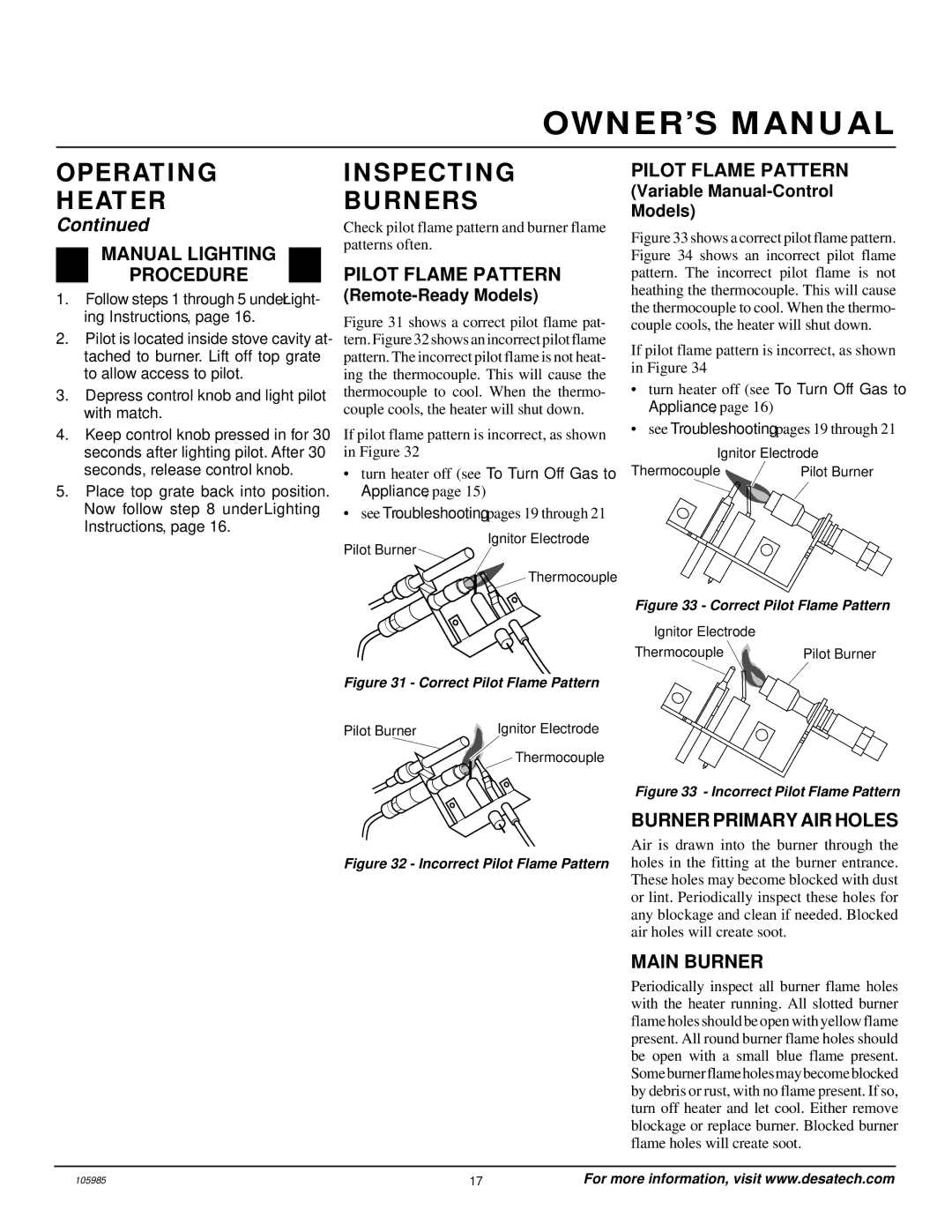 Desa MSVFBNR Series installation manual Inspecting Burners, Pilot Flame Pattern, Burner Primary AIR Holes, Main Burner 