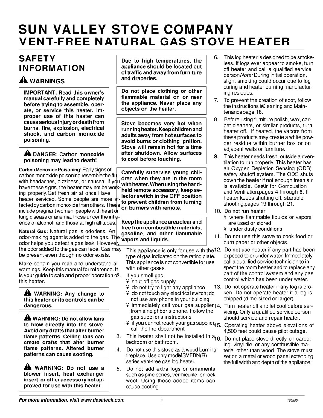 Desa MSVFBNR Series installation manual SUN Valley Stove Company, Safety Information 