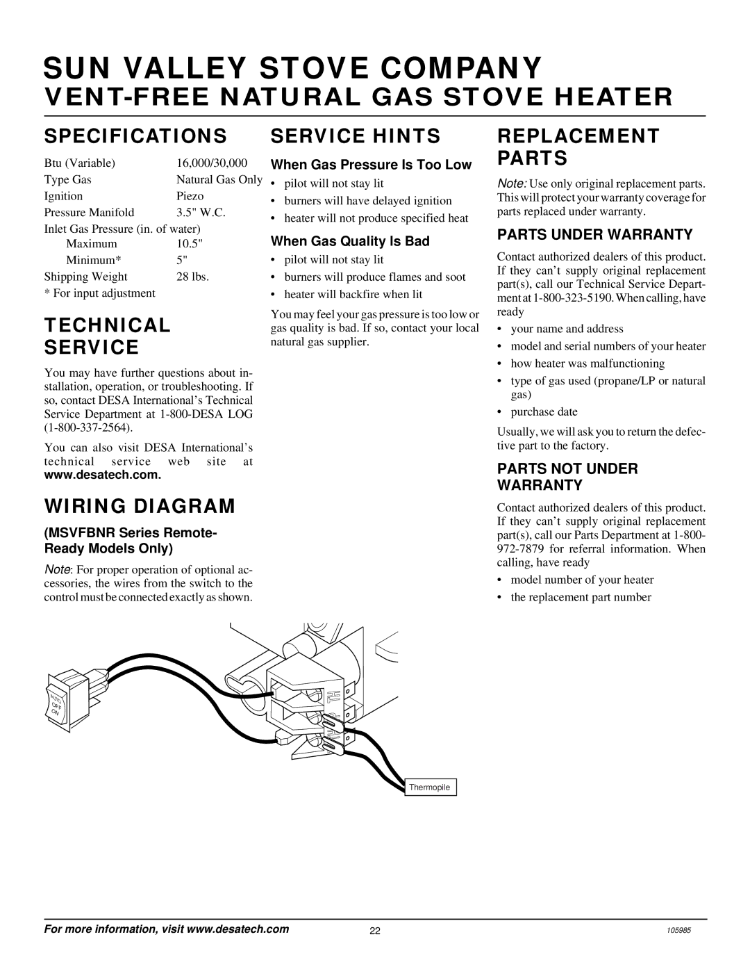 Desa MSVFBNR Series installation manual Specifications Service Hints Replacement Parts, Technical Service, Wiring Diagram 