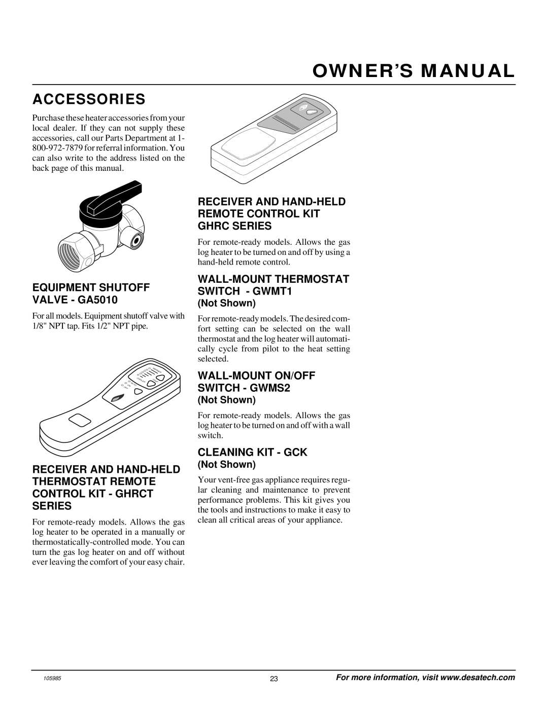 Desa MSVFBNR Series installation manual Accessories 