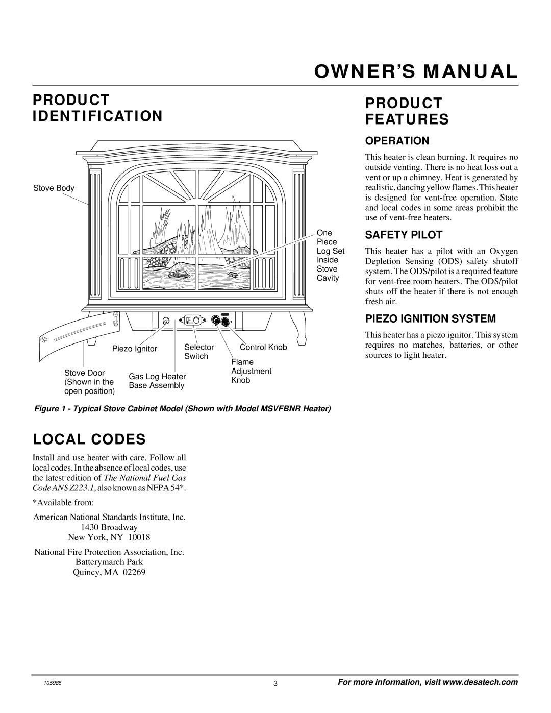 Desa MSVFBNR Series installation manual Product Identification, Local Codes, Product Features 