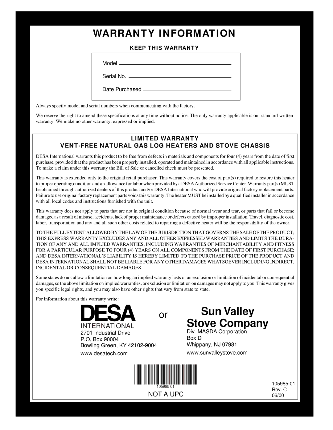 Desa MSVFBNR Series installation manual Warranty Information, International 