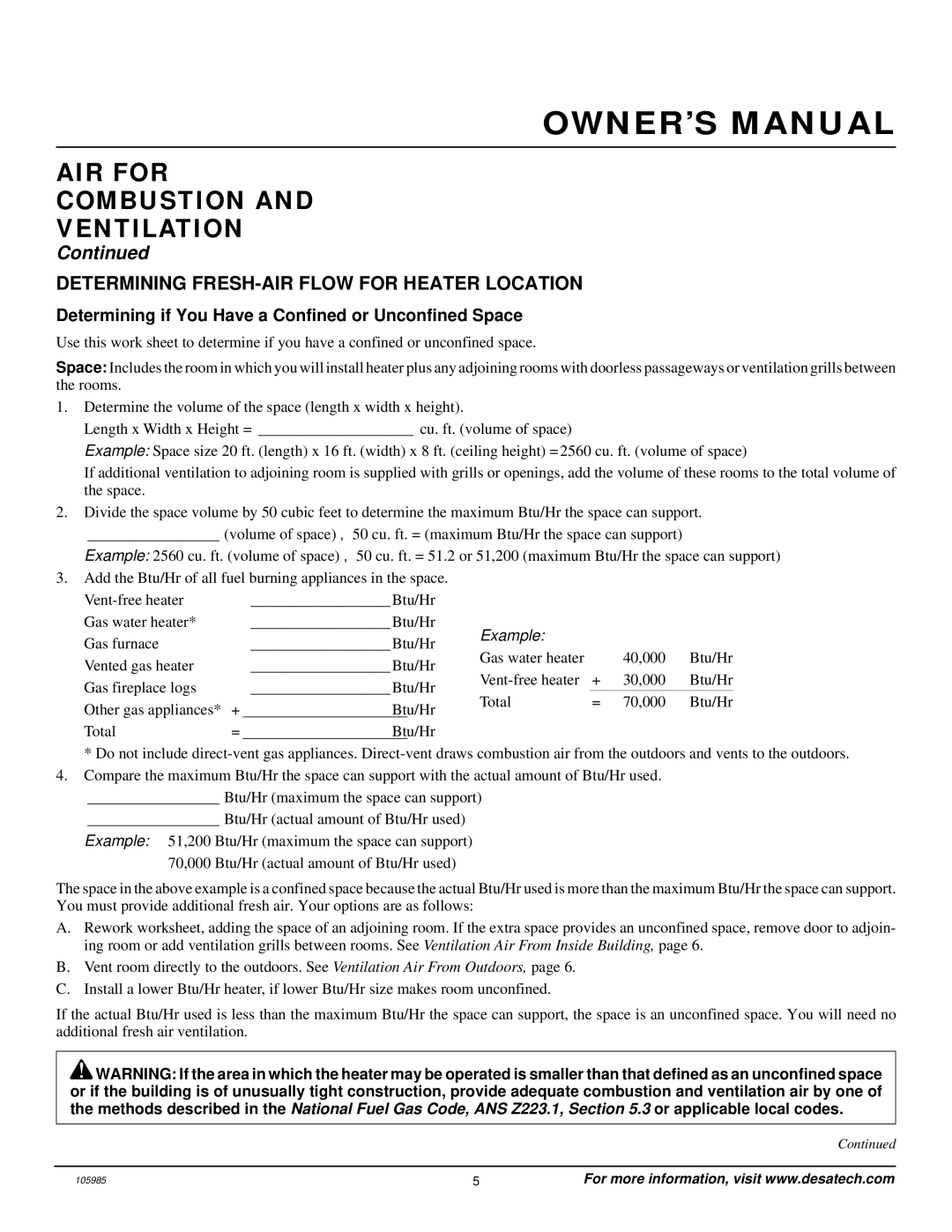 Desa MSVFBNR Series installation manual AIR for Combustion Ventilation, Determining FRESH-AIR Flow for Heater Location 