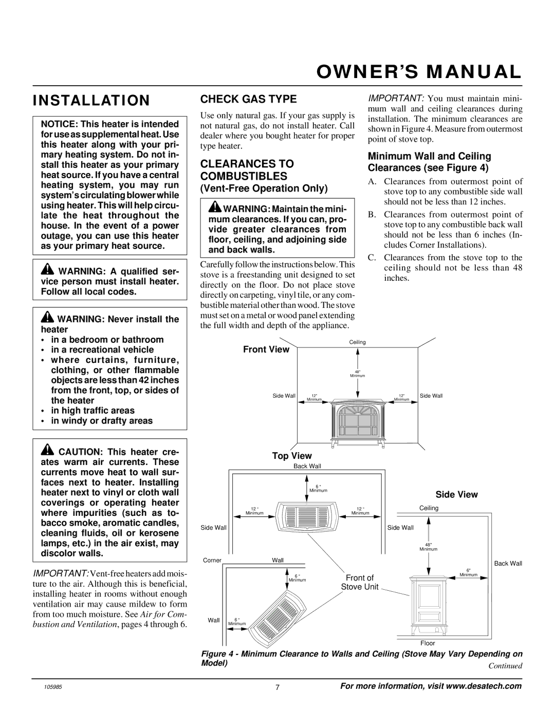 Desa MSVFBNR Series installation manual Installation, Check GAS Type, Clearances to Combustibles, Vent-Free Operation Only 