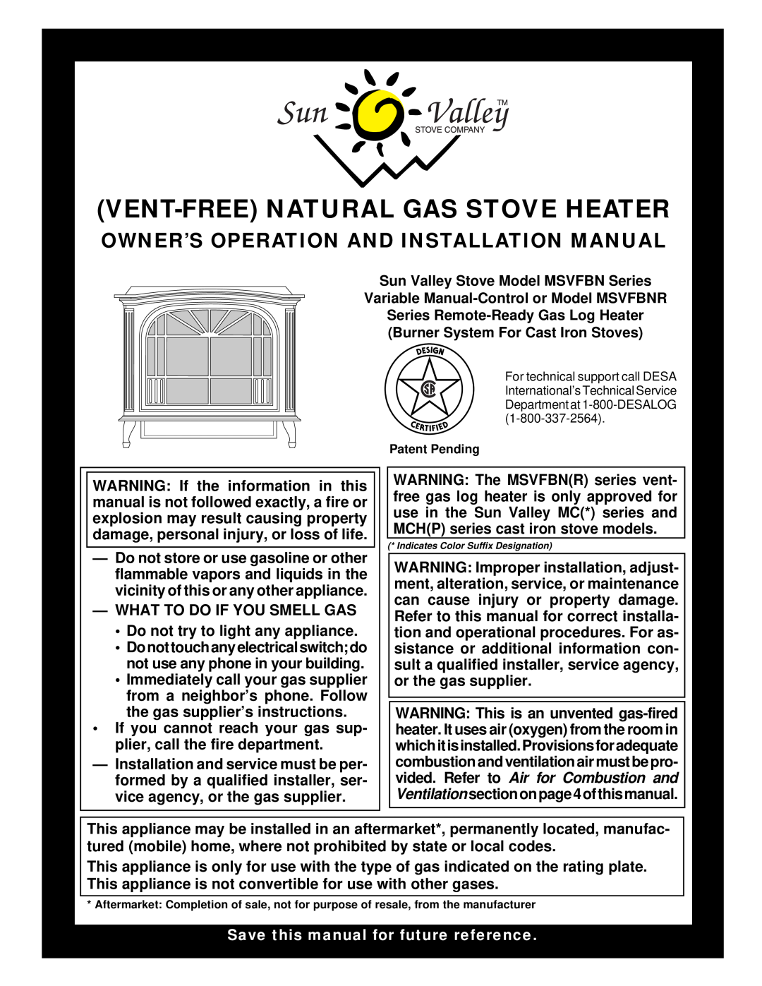 Desa MSVFBNR Series installation manual Vent-Freenatural Gas Stove Heater, Owner’S Operation And Installation Manual 