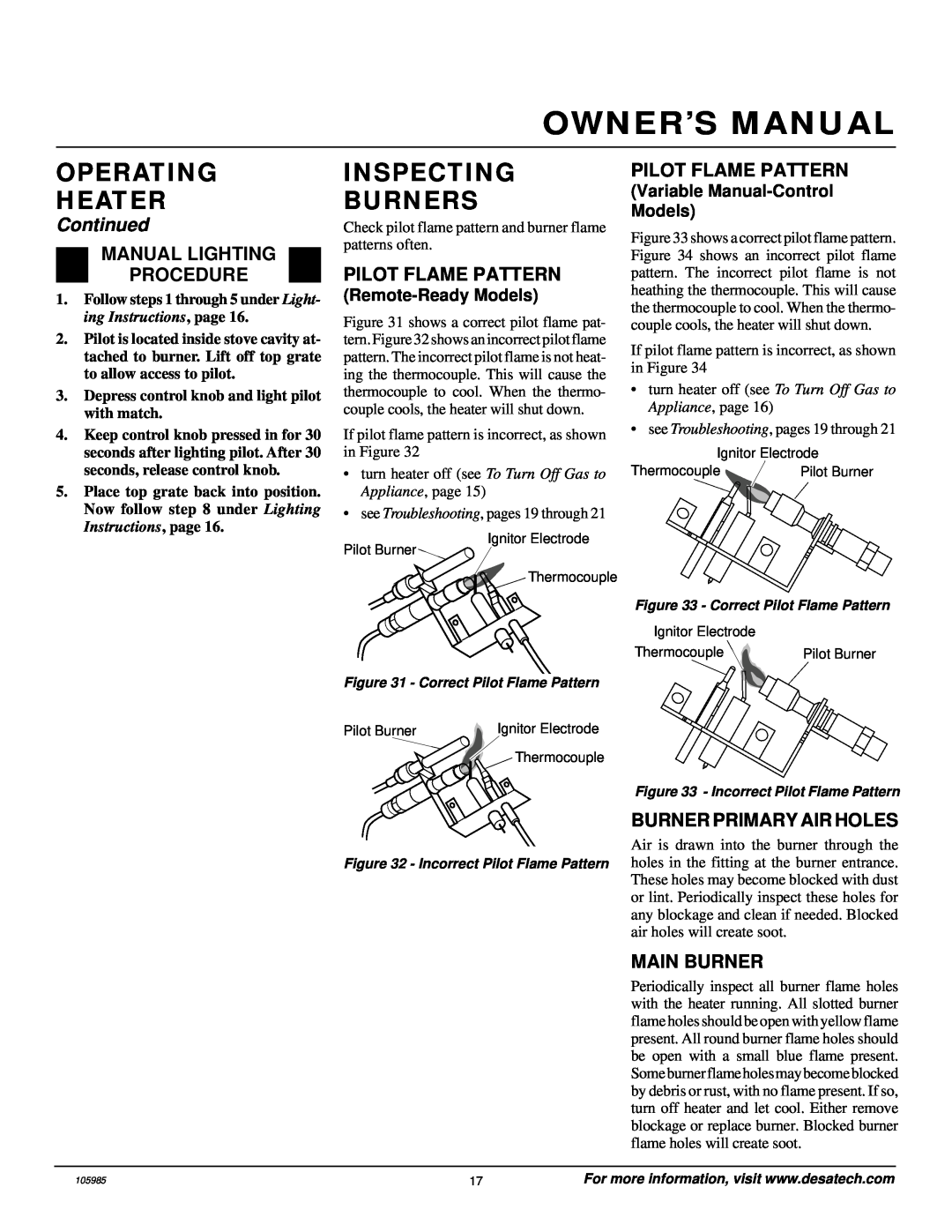 Desa MSVFBNR Series Inspecting Burners, Pilot Flame Pattern, Burner Primary Air Holes, Main Burner, Owner’S Manual 