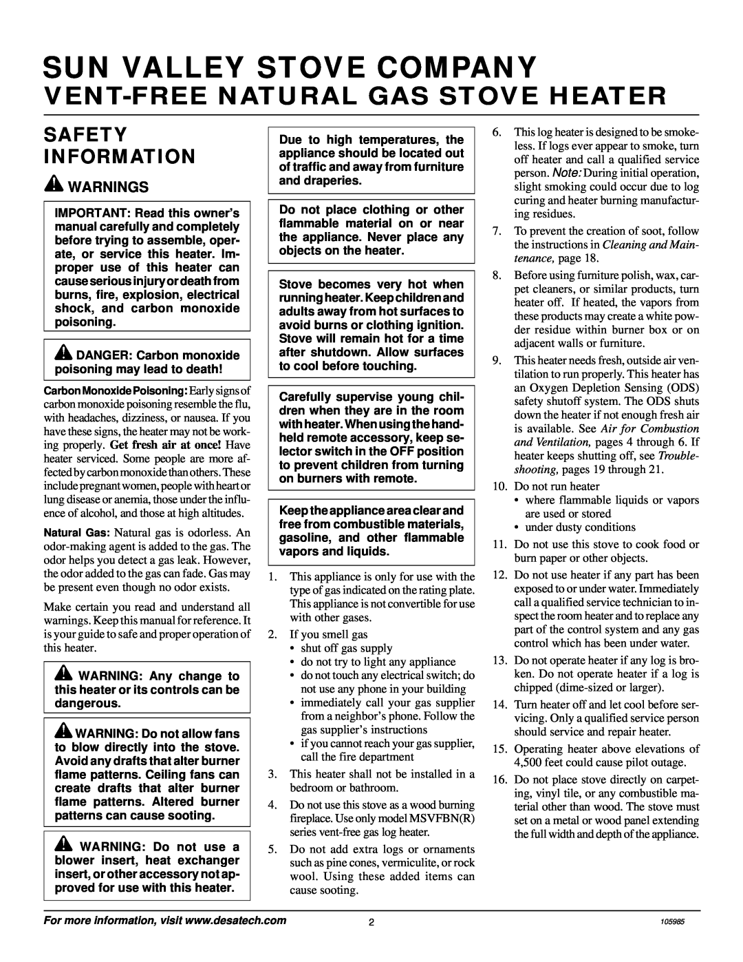 Desa MSVFBNR Series Sun Valley Stove Company, Safety Information, Warnings, Vent-Freenatural Gas Stove Heater 