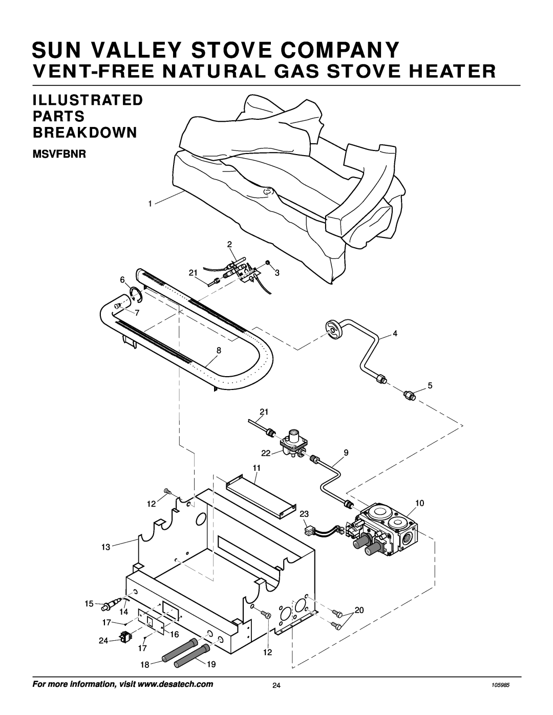 Desa MSVFBNR Series Illustrated Parts Breakdown, Msvfbnr, Sun Valley Stove Company, Vent-Freenatural Gas Stove Heater 