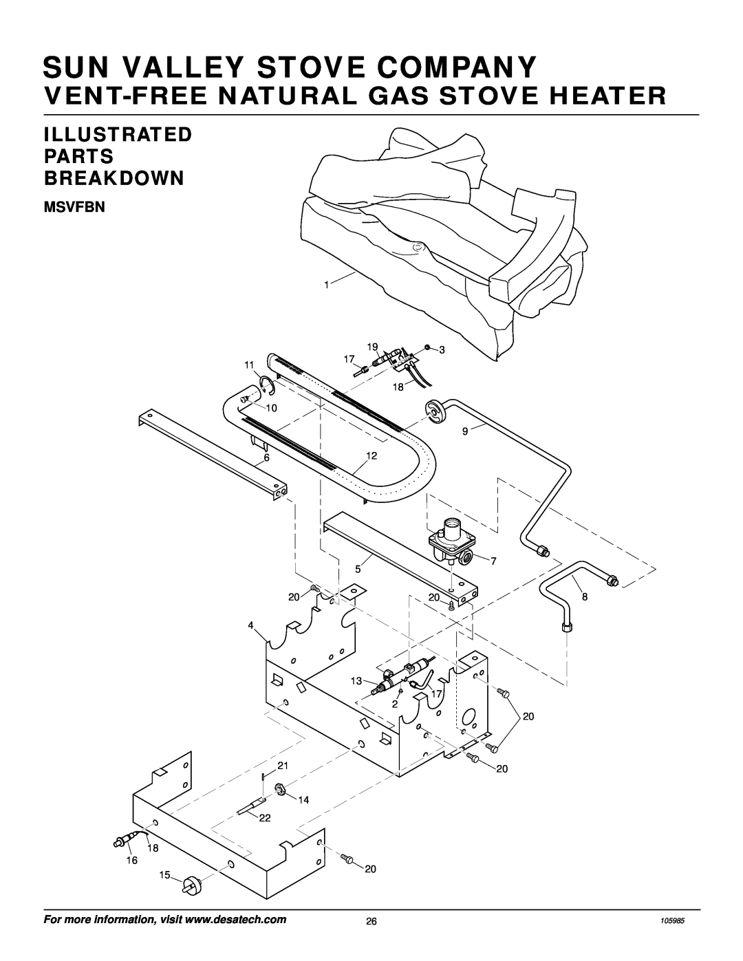 Desa MSVFBNR Series Msvfbn, Sun Valley Stove Company, Vent-Freenatural Gas Stove Heater, Illustrated Parts Breakdown 