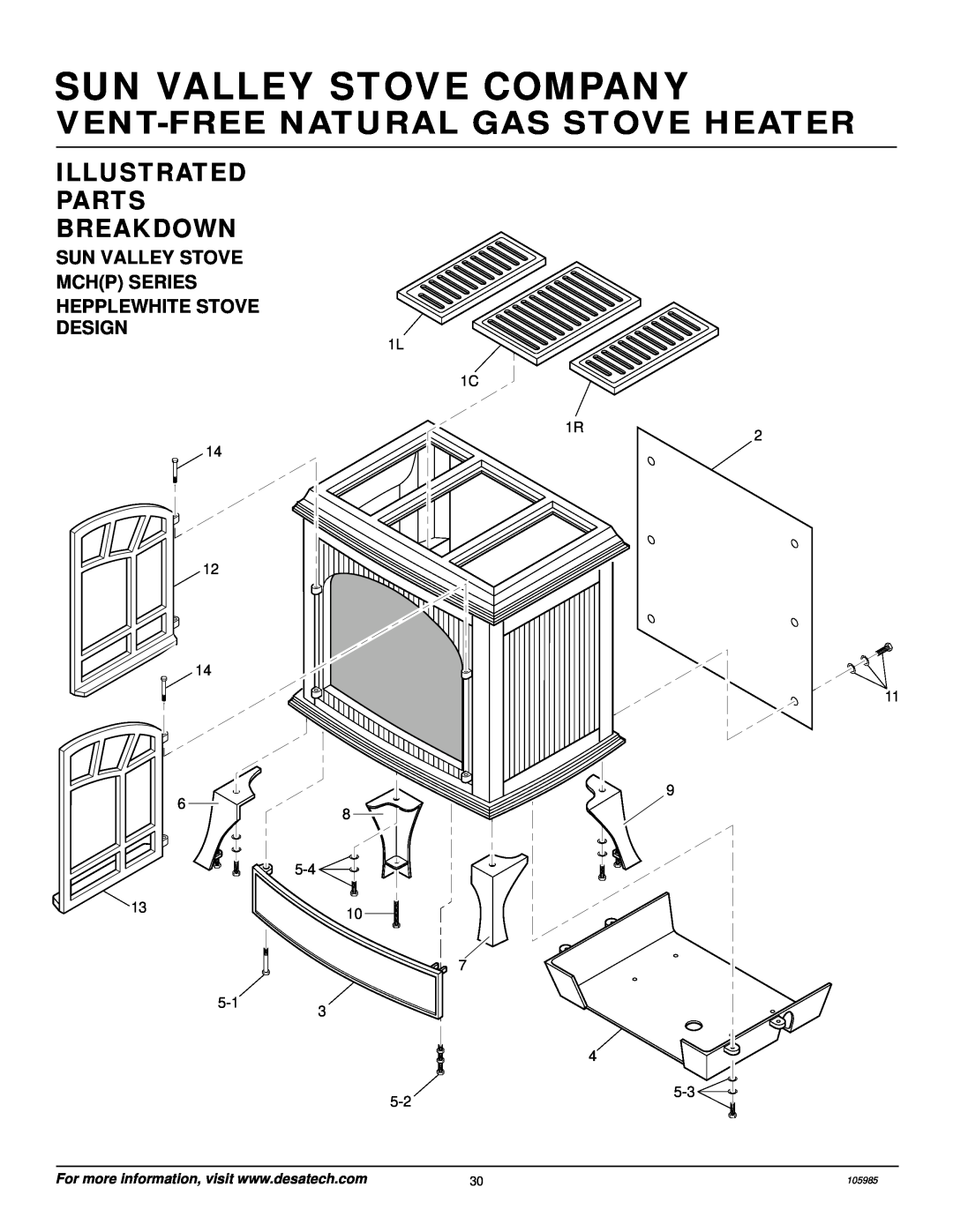 Desa MSVFBNR Series Sun Valley Stove Company, Vent-Freenatural Gas Stove Heater, Illustrated Parts Breakdown, 105985 