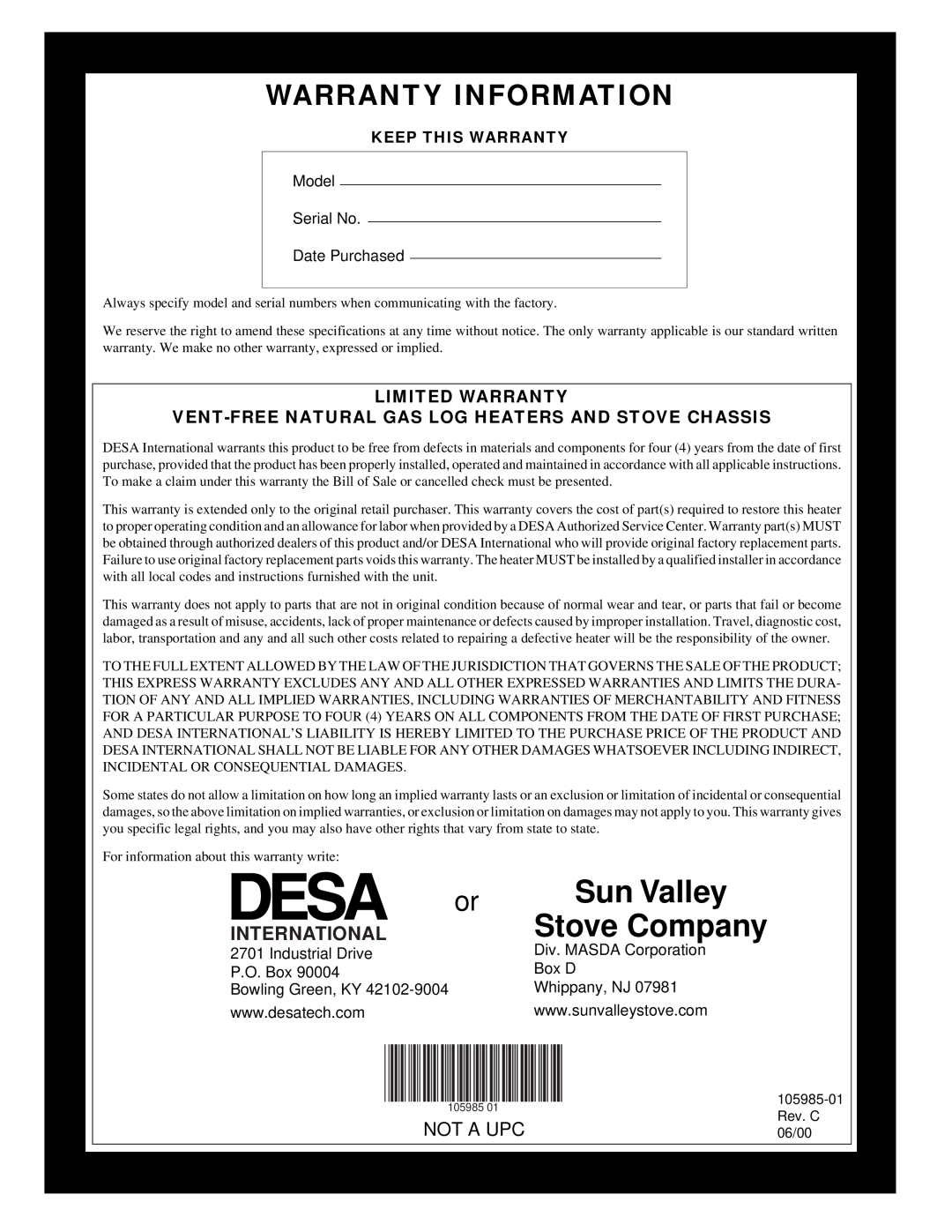Desa MSVFBNR Series Sun Valley, International, Stove Company, Warranty Information, Not A Upc, Industrial Drive, P.O. Box 