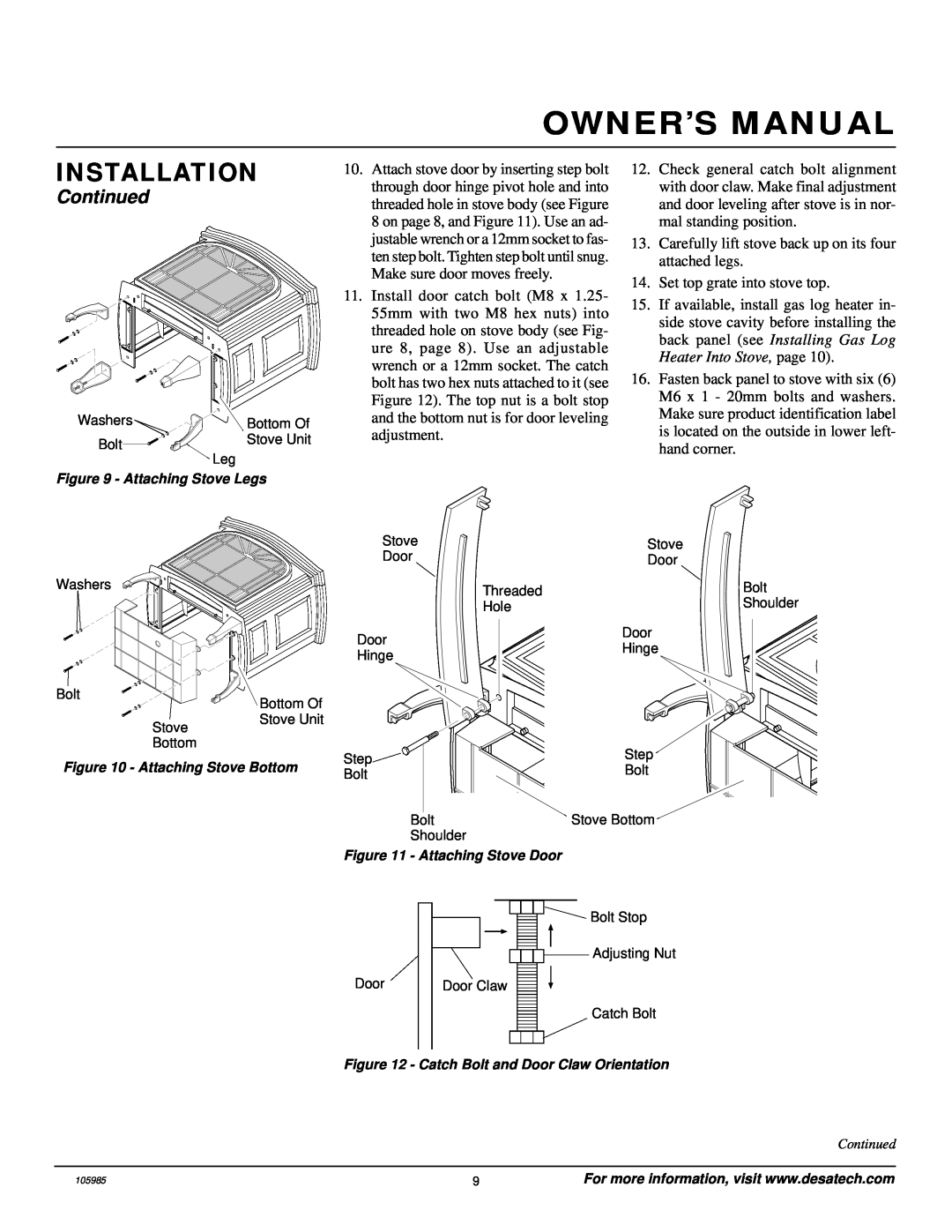 Desa MSVFBNR Series installation manual Owner’S Manual, Installation, Continued, Set top grate into stove top 