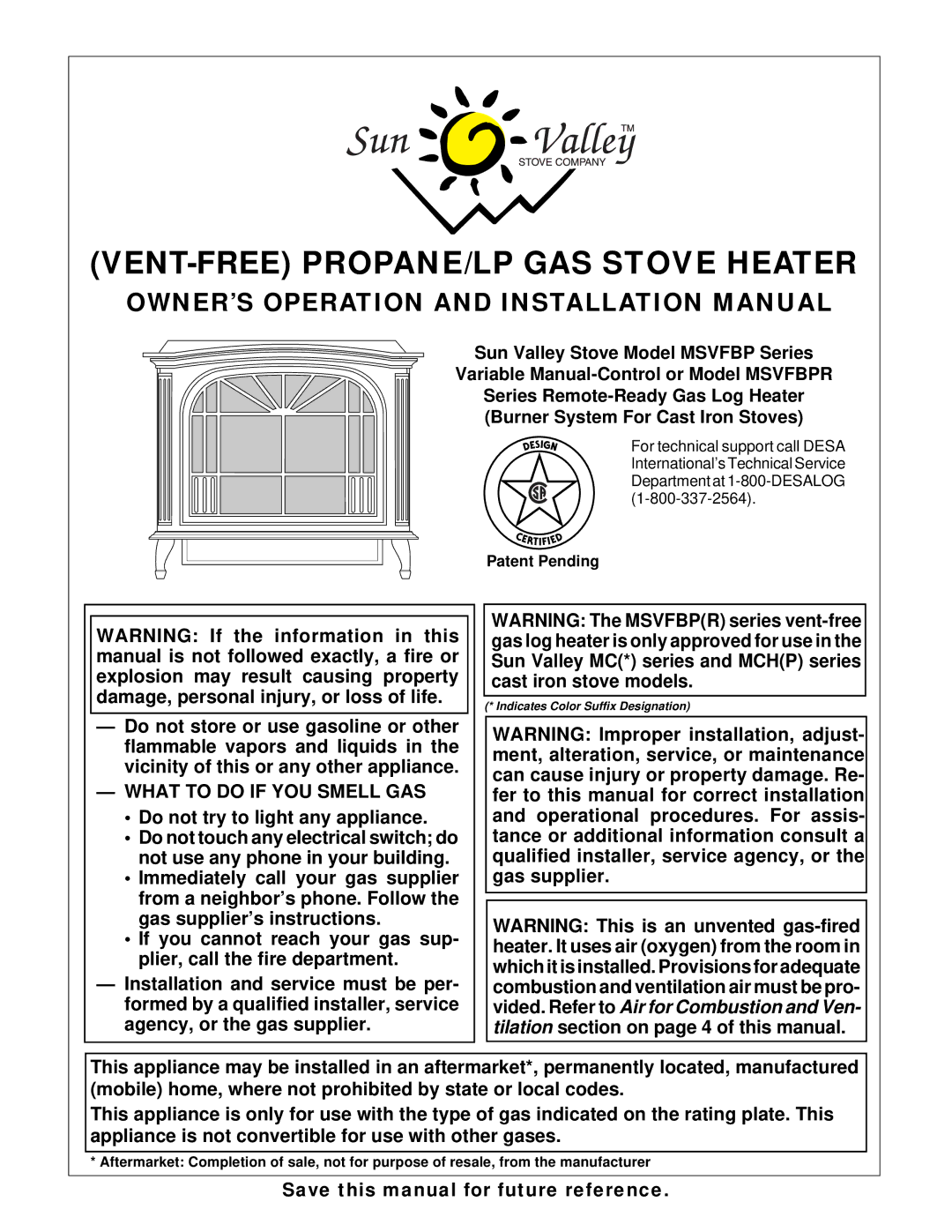 Desa MSVFBP installation manual OWNER’S Operation and Installation Manual, What to do if YOU Smell GAS 