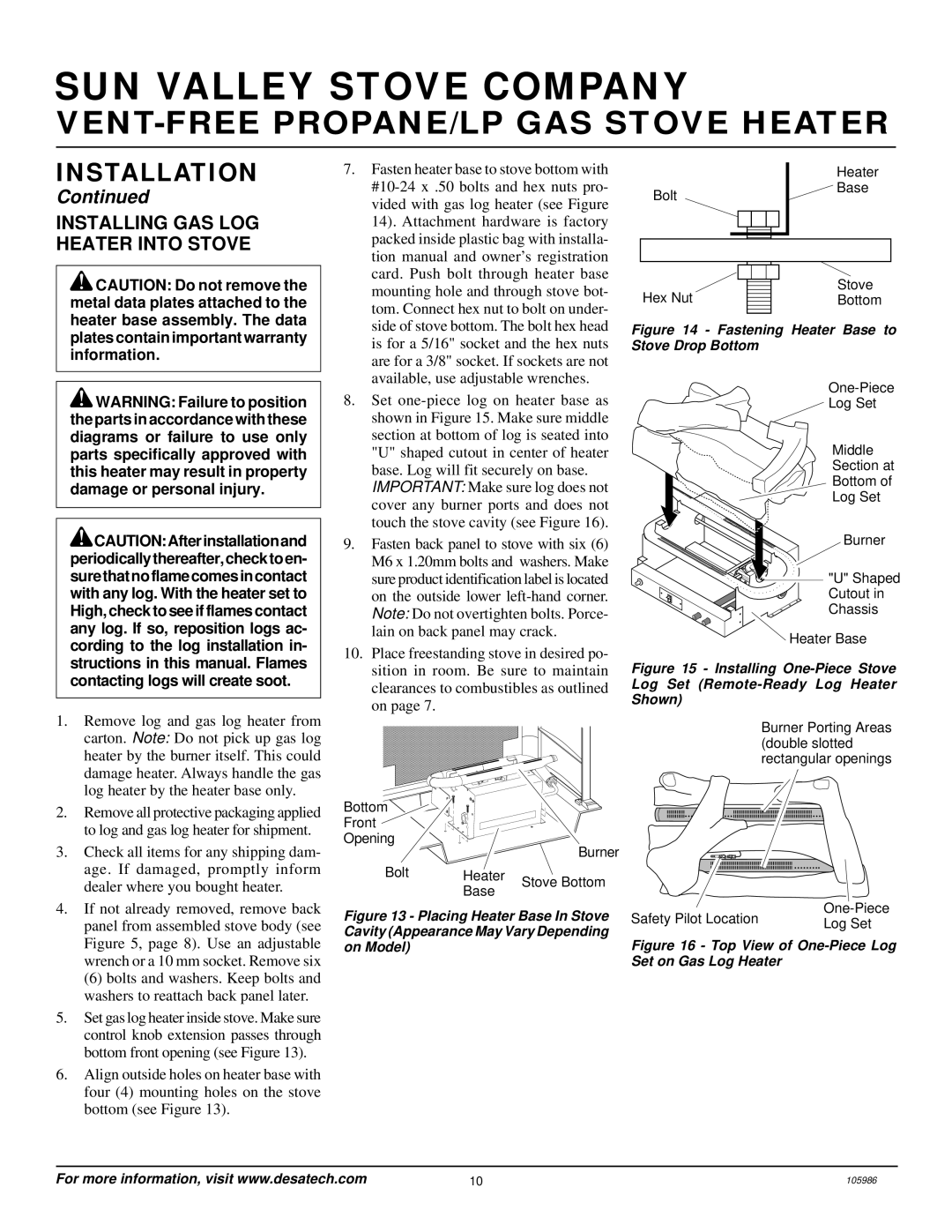 Desa MSVFBP installation manual Installing GAS LOG Heater Into Stove, Fastening Heater Base to Stove Drop Bottom 