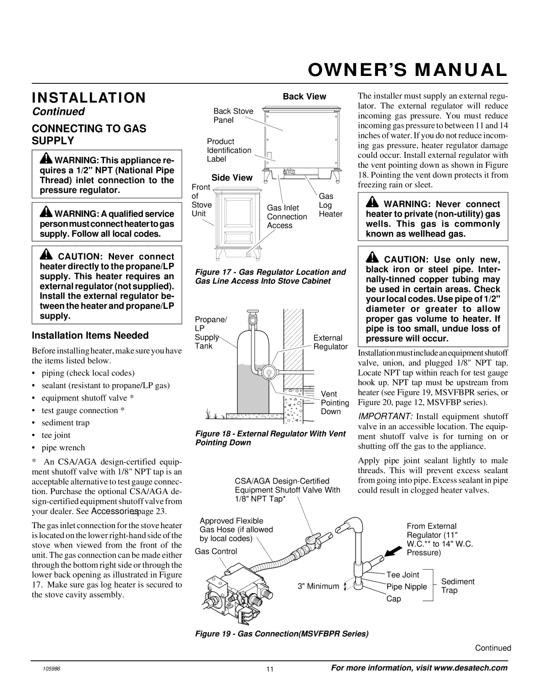 Desa MSVFBP installation manual Connecting to GAS Supply, Installation Items Needed 