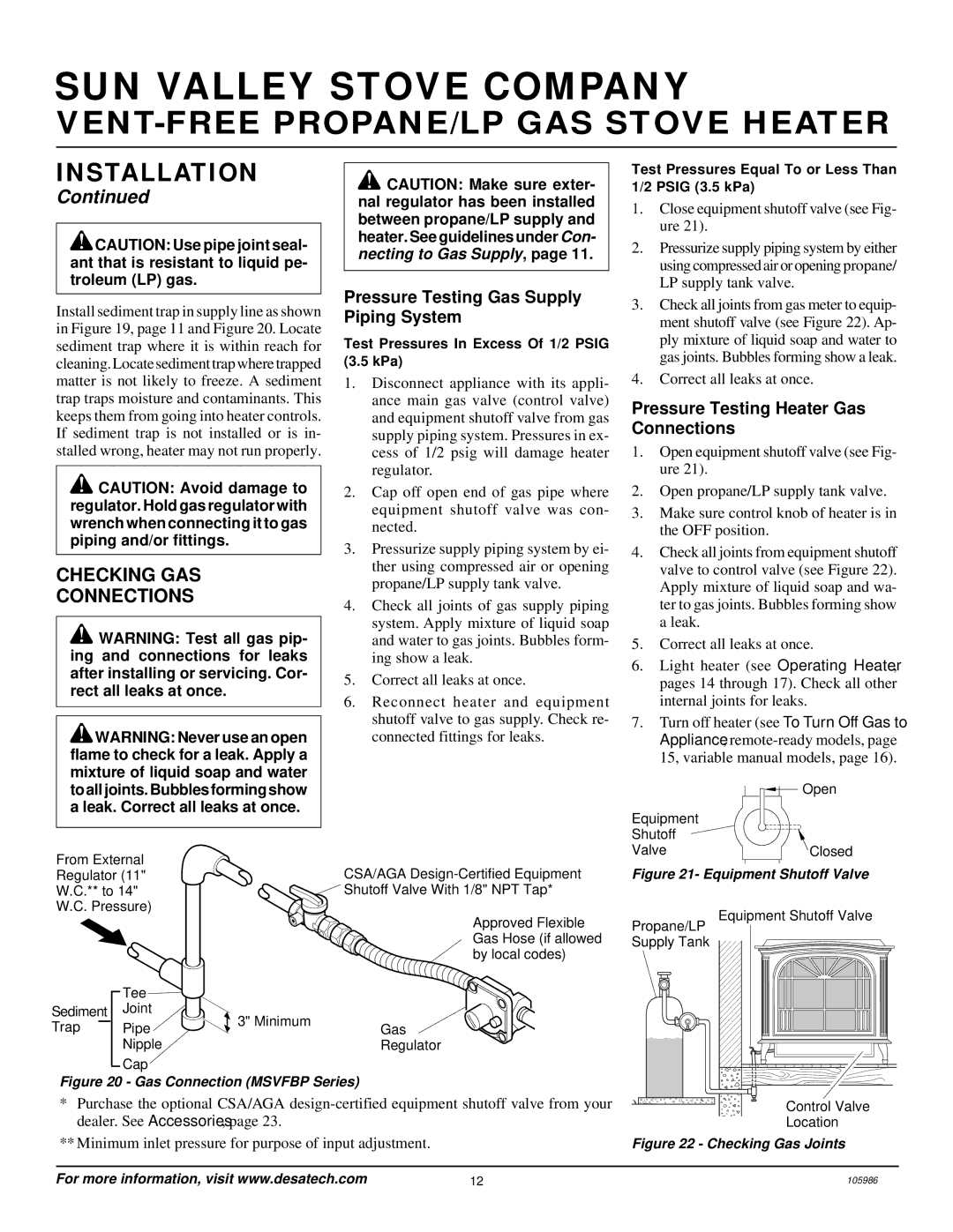 Desa MSVFBP Checking GAS Connections, Pressure Testing Gas Supply Piping System, Pressure Testing Heater Gas Connections 